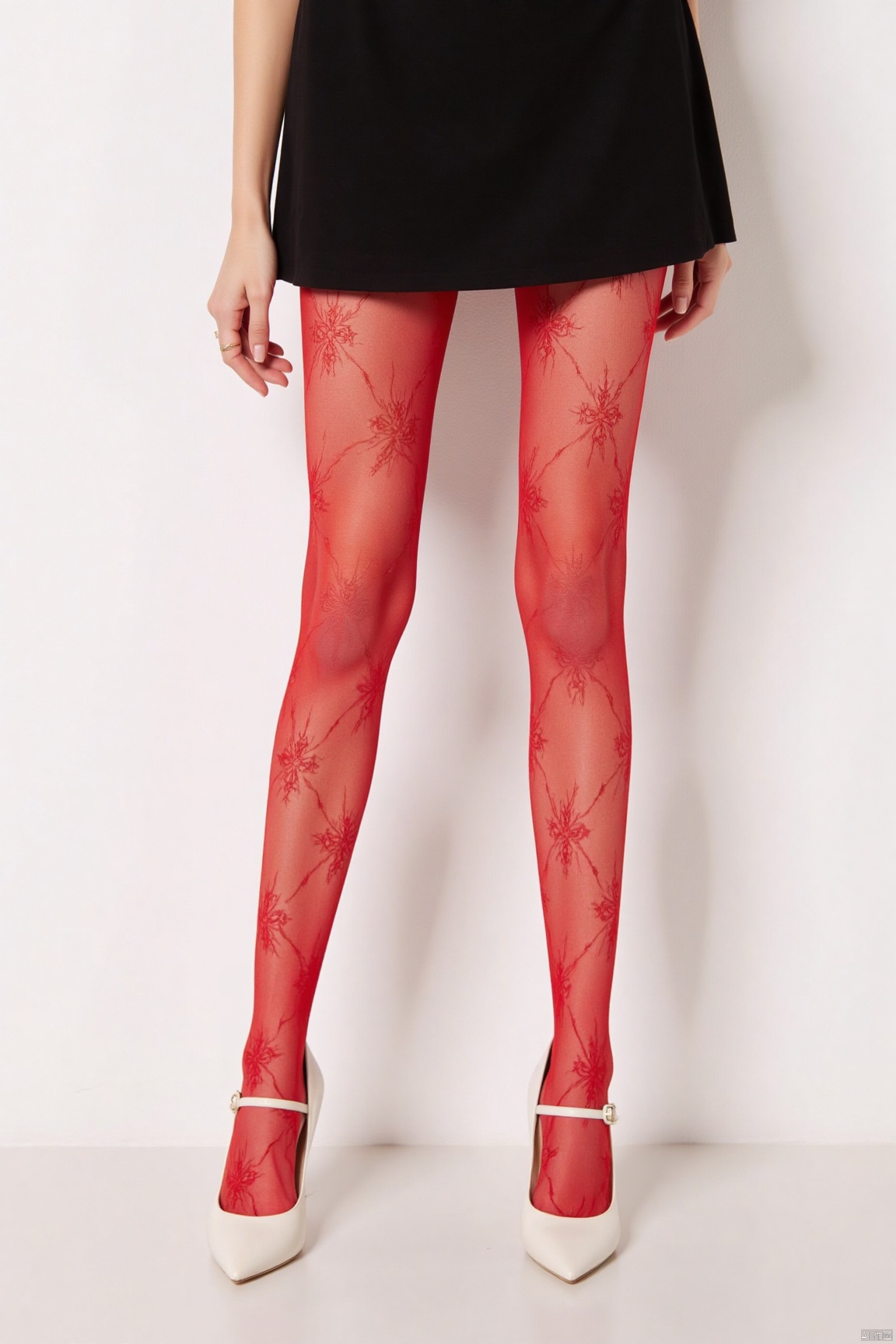 plns,a photo of long legs,floral grid tights,black dress,red tights, floral pattern tights,white high heels,lower body,standing,simple background,  Real photos,cher,plsw,