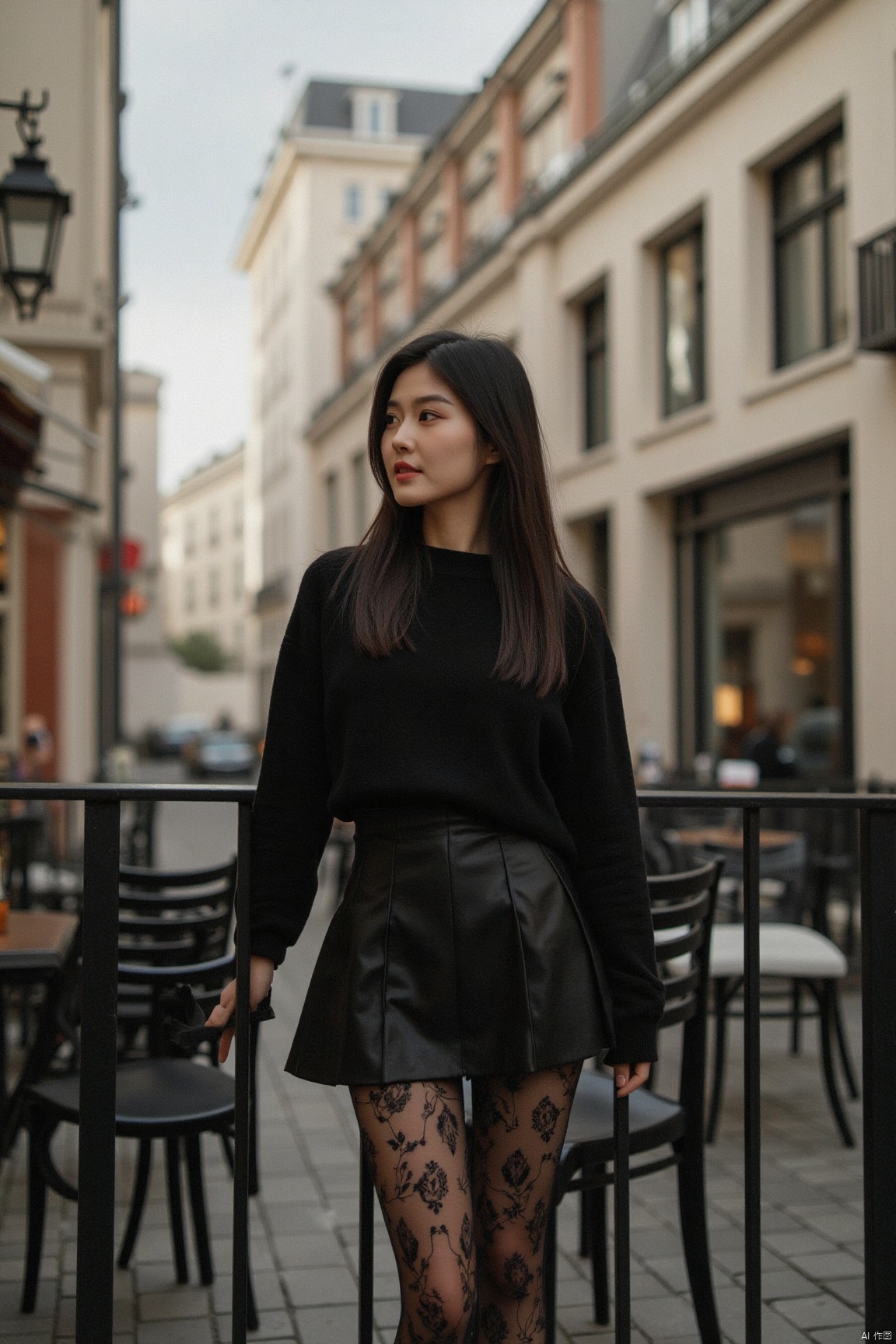 photorealistic,1girl,long hair,asian,pretty,long legs,looking away,Confident and lively,sweater,Pleated skirt, floral grid tights,black tights, roses pattern tights,cafe,building,city,Romantic,from below,magnificent,masterpiece, realistic, best quality, highly detailed,plns,plsw,cher