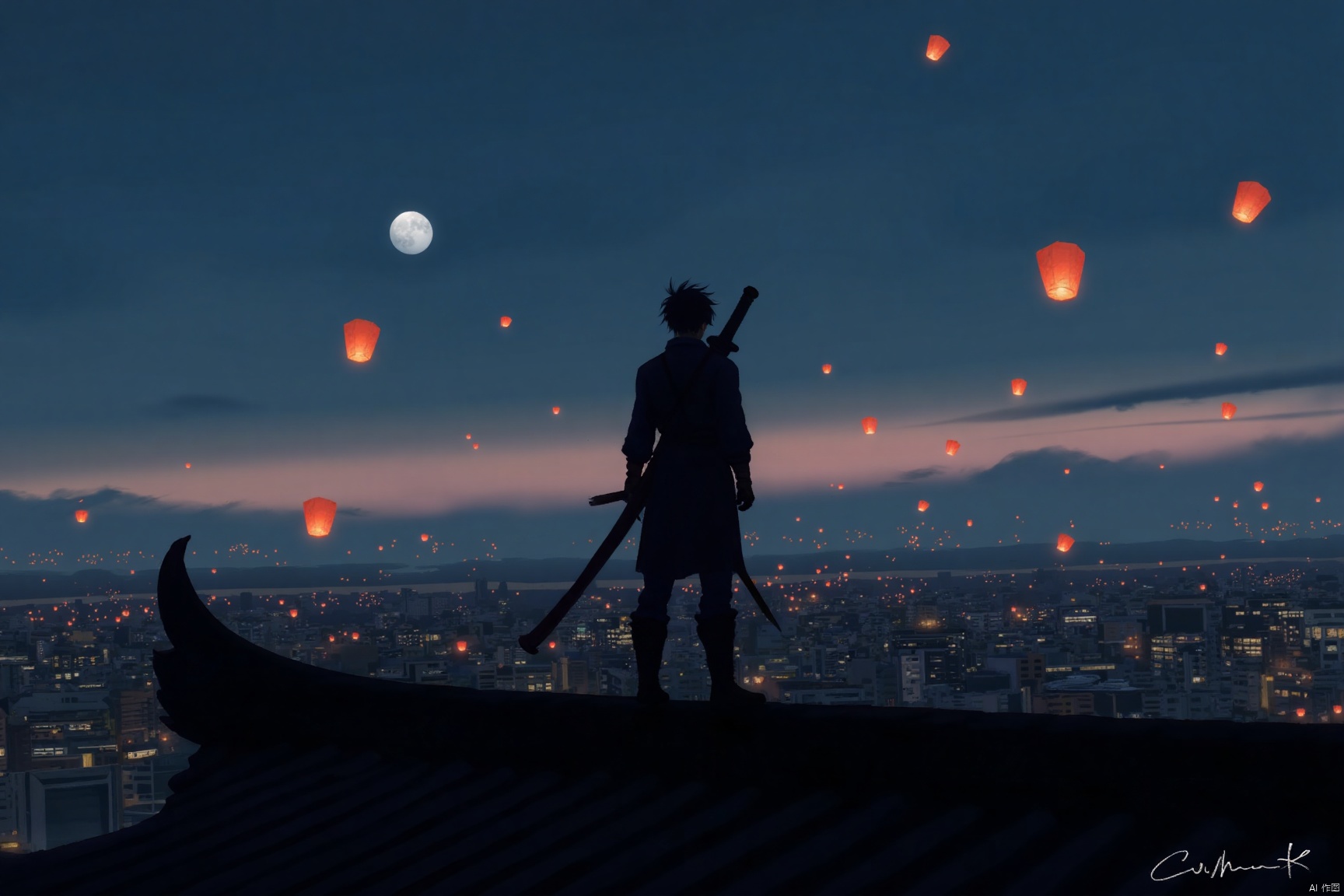 solo, black hair, 1boy, standing, weapon, male focus, outdoors, sky, sword, signature, from behind, night, moon, night sky, scenery, 1other, full moon, lantern, facing away, paper lantern, weapon on back, rooftop