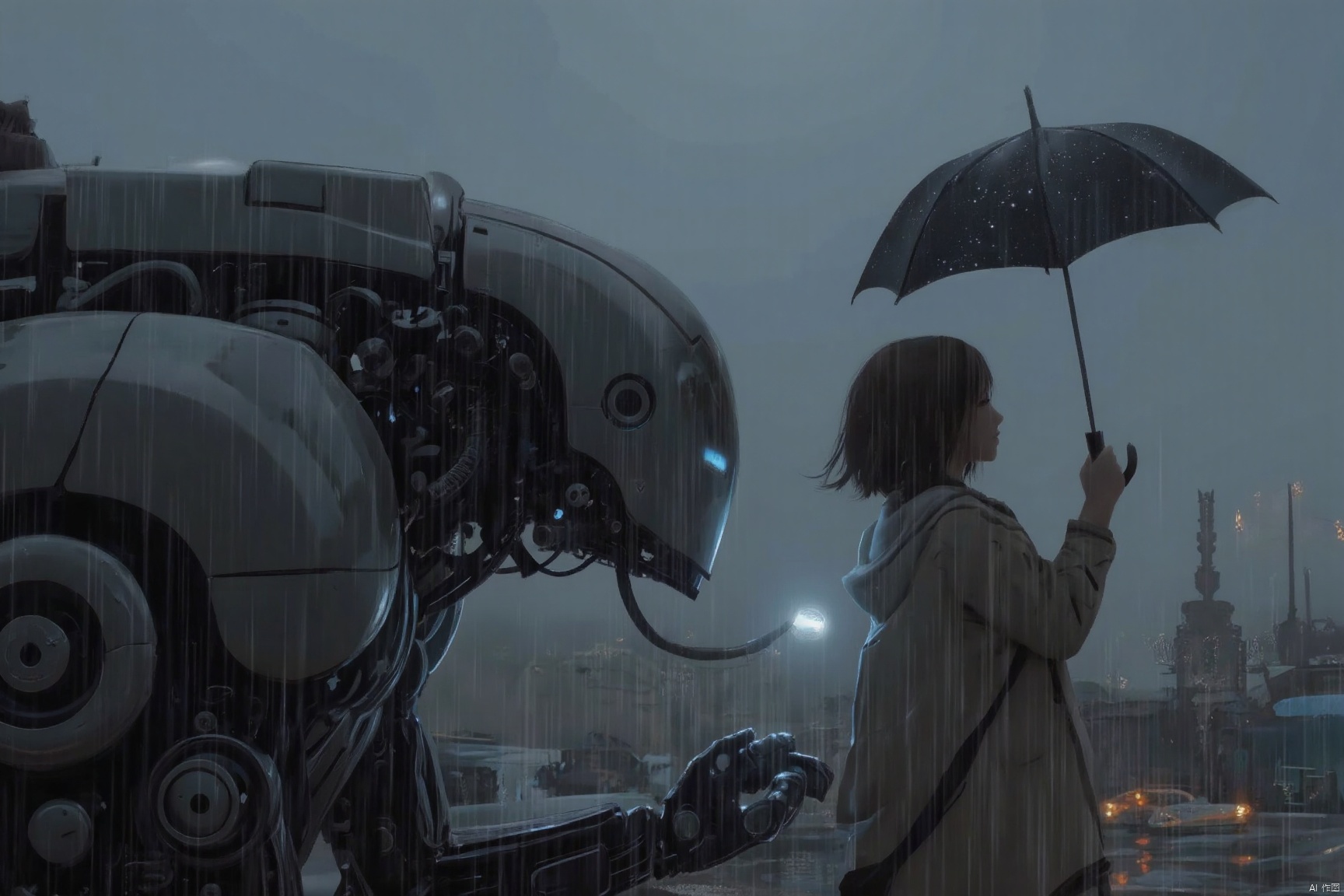 masterpiece, best quality,Artist Style,best_quality,masterpiece, 1girl, short hair, brown hair, holding, outdoors, hood, from side, glowing, umbrella, hood down, bug, robot, mecha, rain, holding umbrella, raincoat