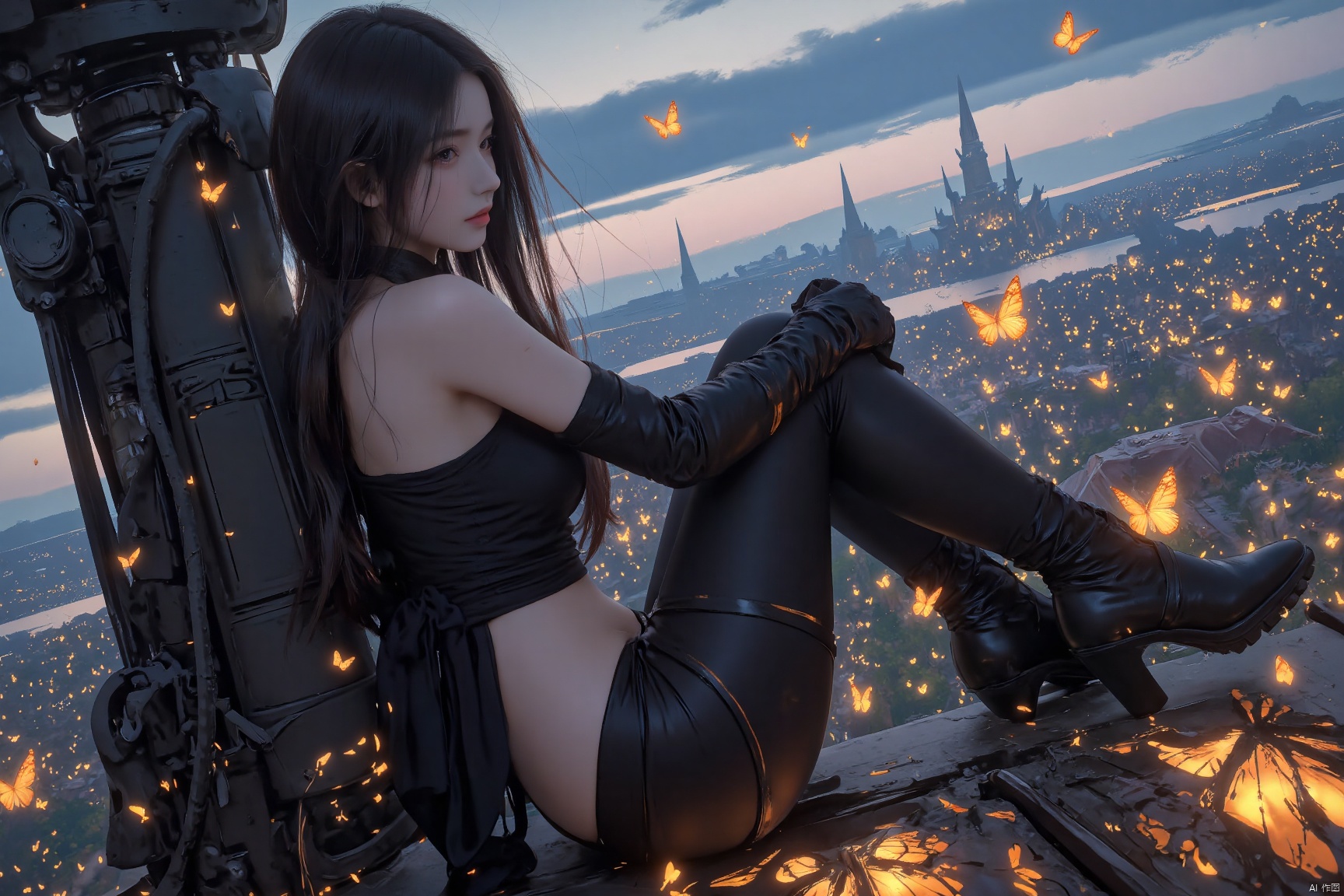 masterpiece, best quality,Artist Style,best_quality,masterpiece,
1girl, solo, long hair, black hair, gloves, bare shoulders, sitting, elbow gloves, from side, profile, bug, butterfly, knees up