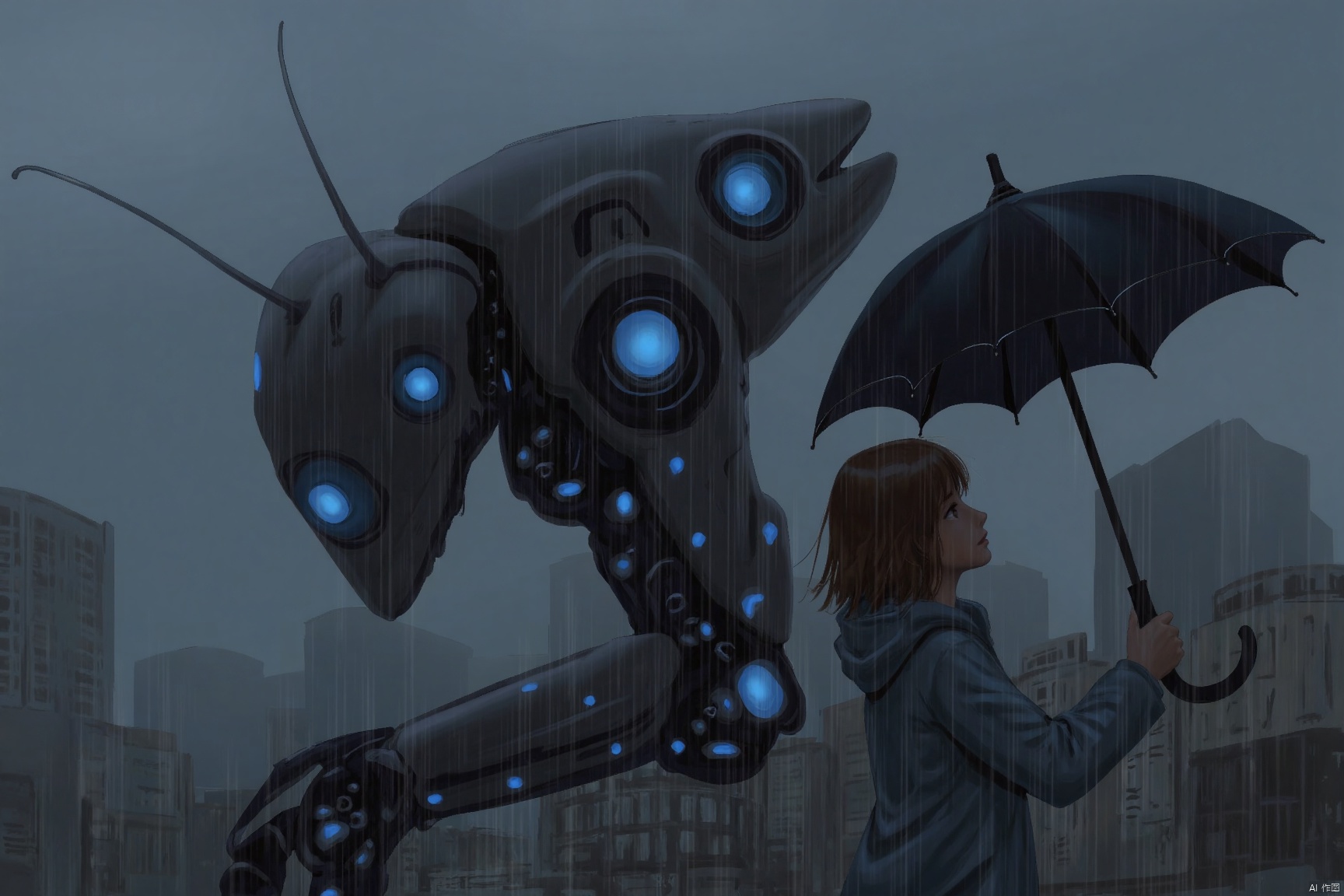 masterpiece, best quality,Artist Style,best_quality,masterpiece,
1girl, short hair, brown hair, holding, outdoors, hood, from side, glowing, umbrella, hood down, bug, robot, mecha, rain, holding umbrella, raincoat