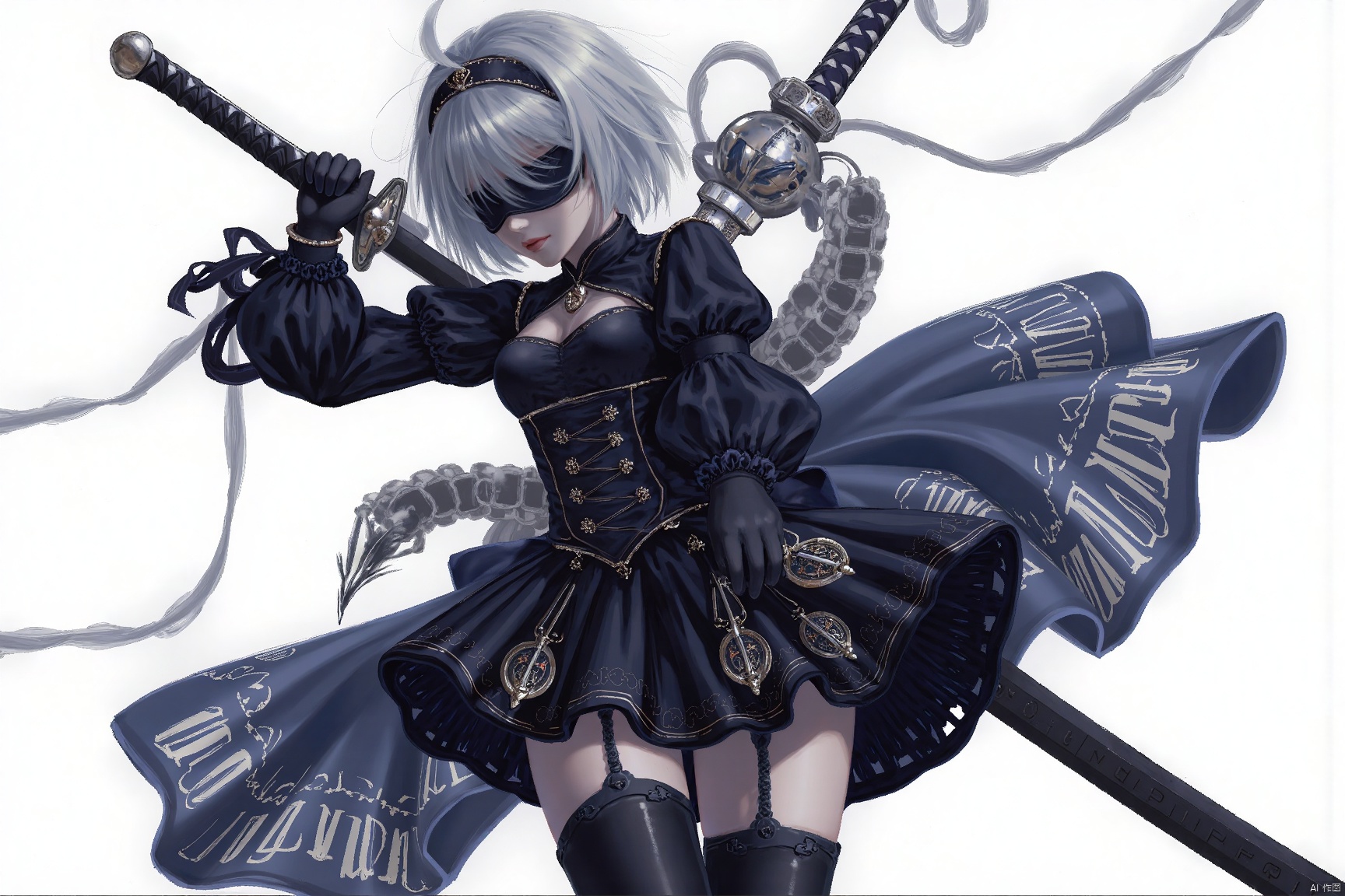 masterpiece, best quality,Artist Style,best_quality,masterpiece,
1girl, solo, breasts, short hair, thighhighs, gloves, long sleeves, dress, holding, white hair, hairband, boots, black gloves, puffy sleeves, sword, black thighhighs, black footwear, holding weapon, mole, black dress, lips, clothing cutout, thigh boots, holding sword,  katana, black hairband, blindfold, covered eyes, black blindfold, weapon on back, yorha no. 2 type b, pod \(nier automata\)