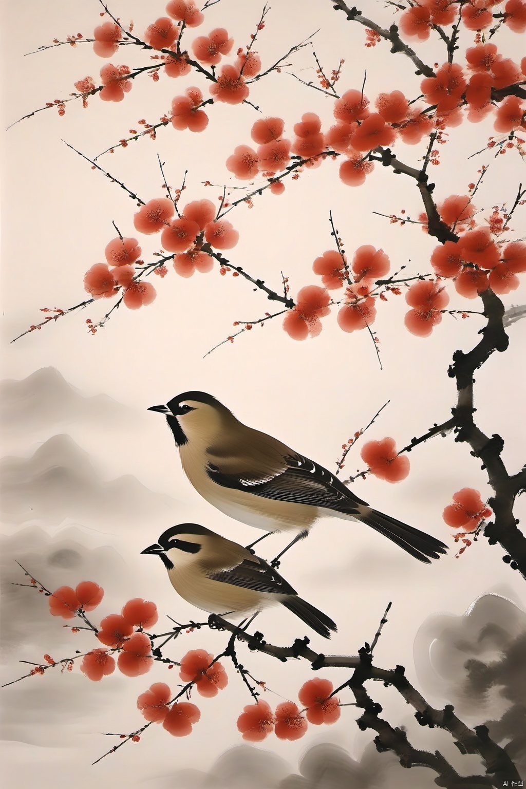 guohuaxl,no humans, bird, animal focus, traditional media, outdoors, leaf, branch, plant, painting \(medium\), animal, day
