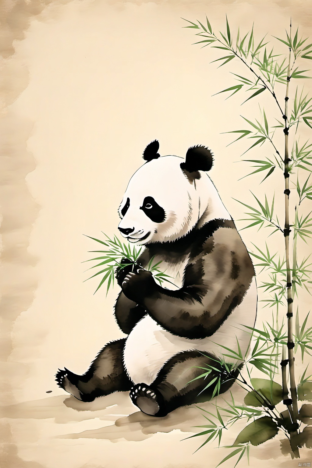 guohuaxl,panda, watercolor, illustration, sitting, bamboo, leaves, , beige background, cute, nature, hand-drawn, textured paper, art, vertical composition, eating plants