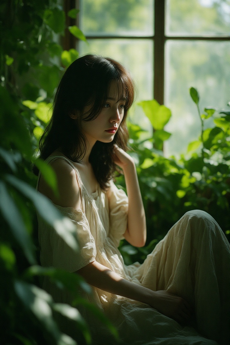 An Asian girl sits amidst lush greenery,  surrounded by the soft glow of dappled sunlight streaming through a window. She'...