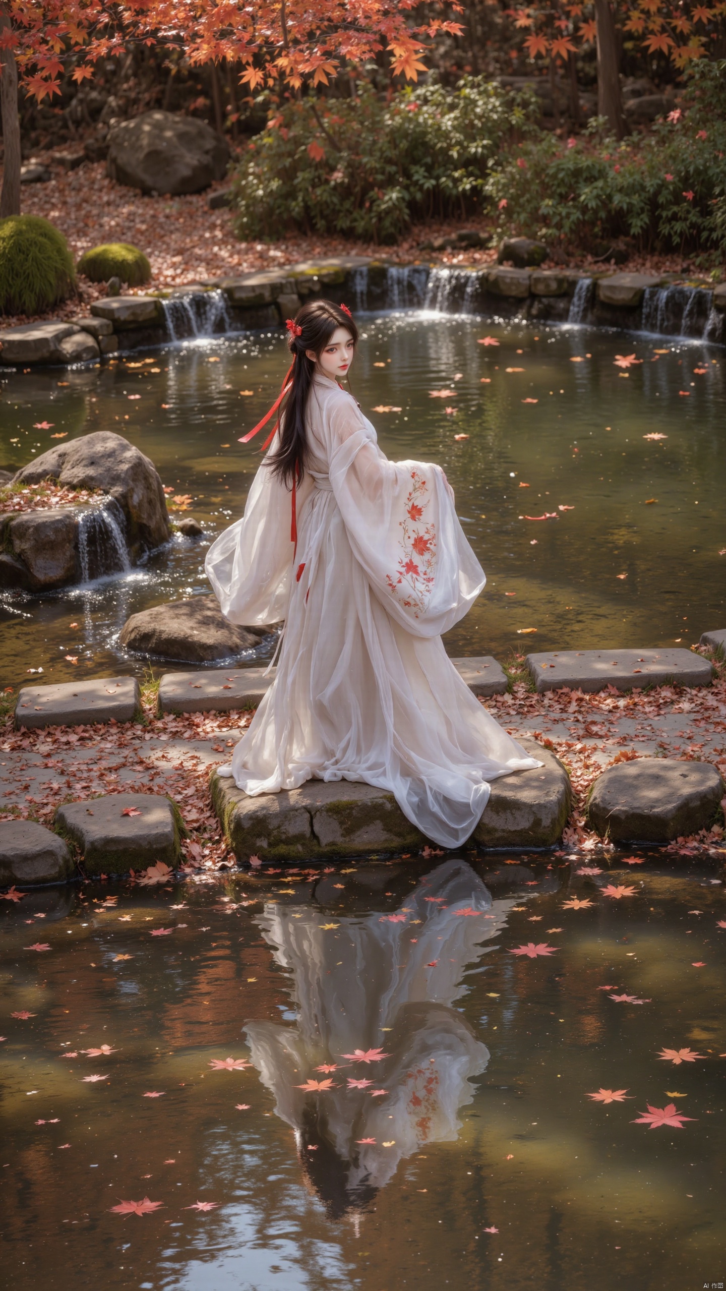 1 girl. Solo. Moderate chest. Long hair. Black hair. Red hair flowers. Long sleeves. silk ribbon. tassels. stand. whole body. Hairbands. Wide sleeves. Chinese clothing. Low Zha. Long hair. Hanfu. There is embroidery on the clothes. Elegant clothes. Moderate chest. Wind.
The background is a Chinese courtyard, with a pond inside and in the courtyard. Clear and transparent water. Maple trees, stones, moss, fallen leaves, floating leaves on the water surface, butterflies, nature.
Composition from different angles.
Depth of field, ultra clear, ultra-high resolution, 8k, well structured, masterpiece, surrealism, details, textures, conceptual artwork, atmosphere, clear background, film lighting technology.