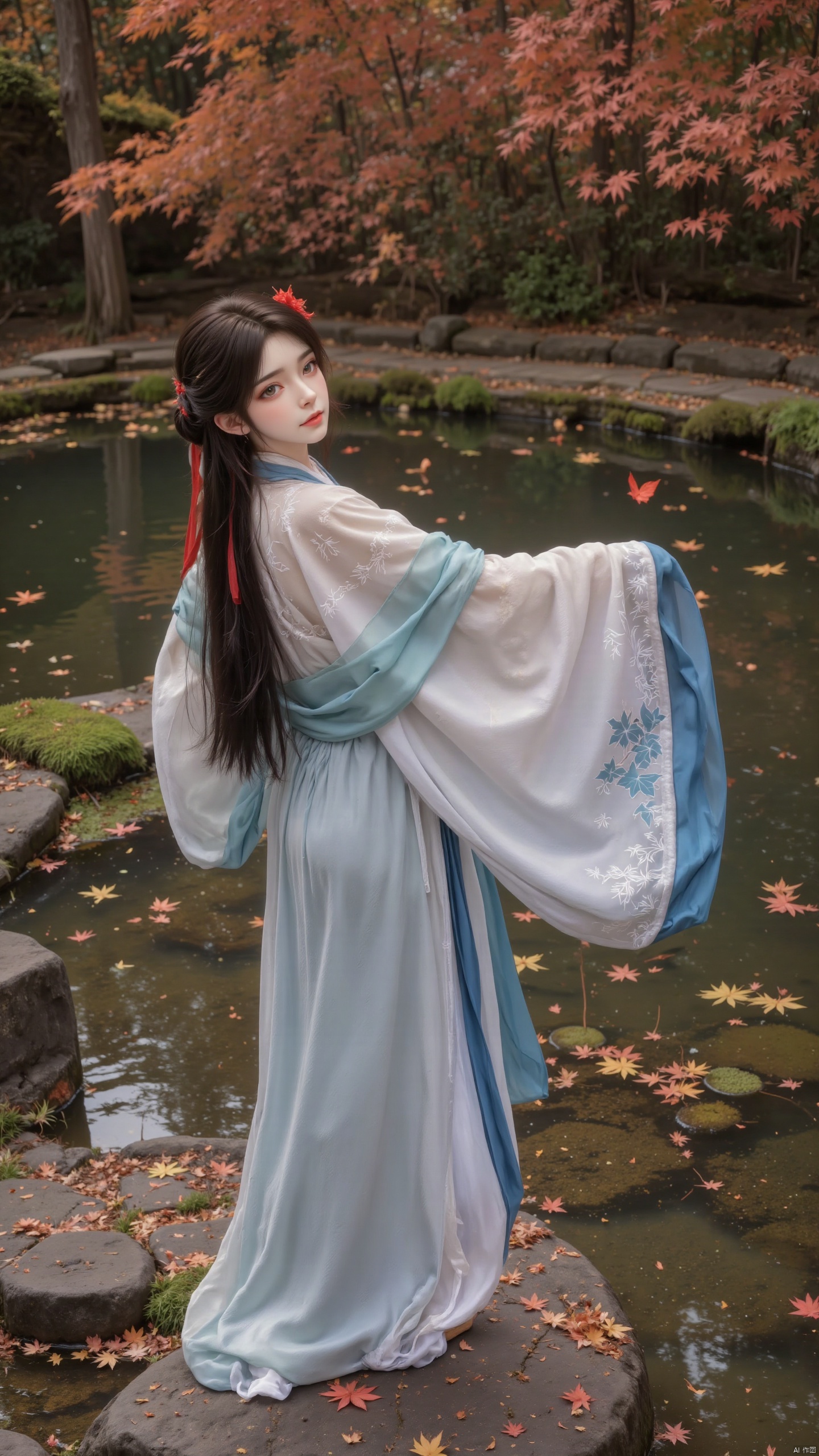 1 girl. Solo. Moderate chest. Long hair. Black hair. Red hair flowers. Long sleeves. silk ribbon. tassels. stand. whole body. Hairbands. Wide sleeves. Chinese clothing. Low Zha. Long hair. Hanfu. There is embroidery on the clothes. Elegant clothes. Moderate chest. Wind.
The background is a Chinese courtyard, with a pond inside and in the courtyard. Clear and transparent water. Maple trees, stones, moss, fallen leaves, floating leaves on the water surface, butterflies, nature.
Composition from different angles.
Depth of field, ultra clear, ultra-high resolution, 8k, well structured, masterpiece, surrealism, details, textures, conceptual artwork, atmosphere, clear background, film lighting technology.