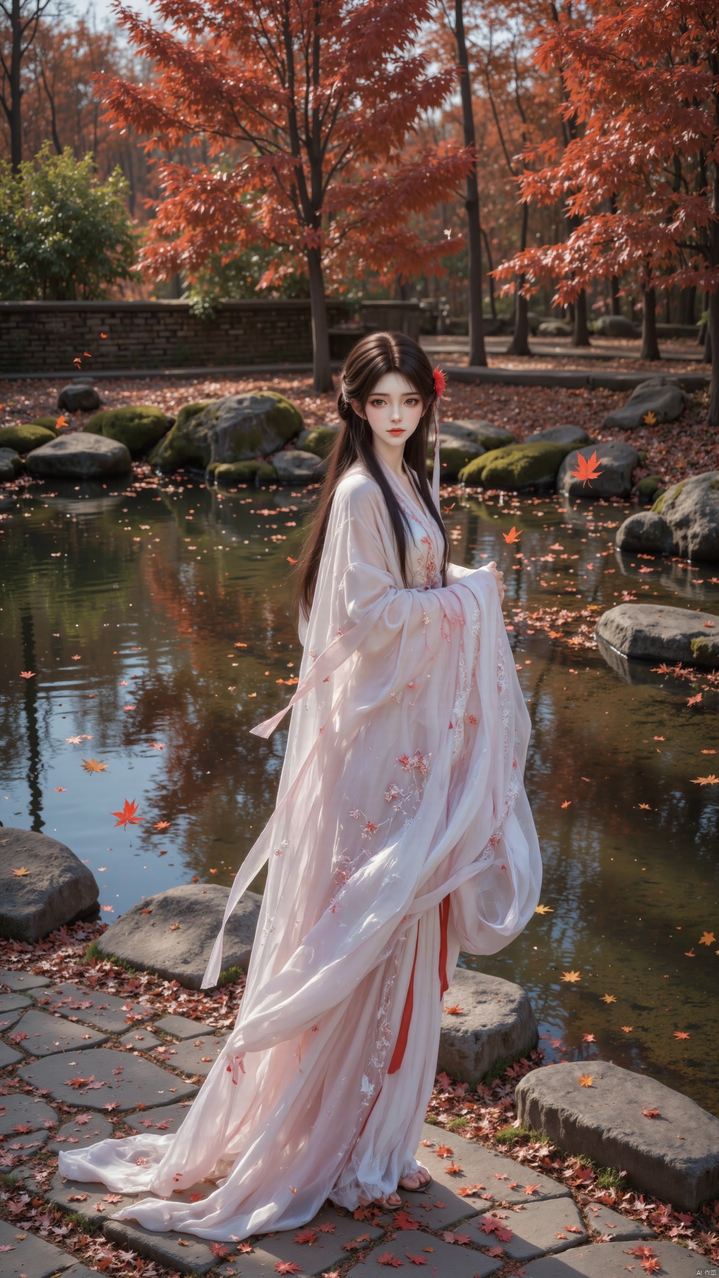 1 girl. Solo. Moderate chest. Long hair. Black hair. Red hair flowers. Long sleeves. silk ribbon. tassels. stand. whole body. Hairbands. Wide sleeves. Chinese clothing. Low Zha. Long hair. Hanfu. There is embroidery on the clothes. Elegant clothes. Moderate chest. Wind.
The background is a Chinese courtyard, with a pond inside and in the courtyard. Clear and transparent water. Maple trees, stones, moss, fallen leaves, floating leaves on the water surface, butterflies, nature.
Composition from different angles.
Depth of field, ultra clear, ultra-high resolution, 8k, well structured, masterpiece, surrealism, details, textures, conceptual artwork, atmosphere, clear background, film lighting technology.