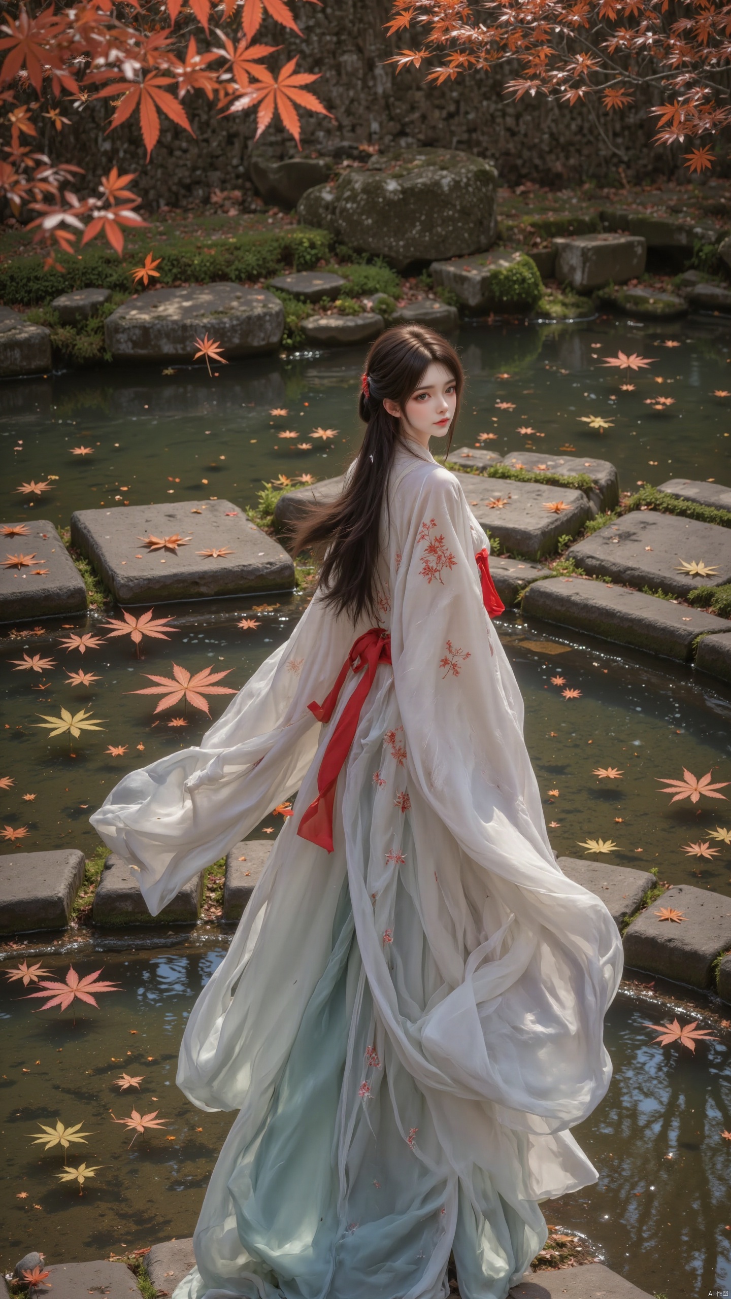 1 girl. Solo. Moderate chest. Long hair. Black hair. Red hair flowers. Long sleeves. silk ribbon. tassels. stand. whole body. Hairbands. Wide sleeves. Chinese clothing. Low Zha. Long hair. Hanfu. There is embroidery on the clothes. Elegant clothes. Moderate chest. Wind.
The background is a Chinese courtyard, with a pond inside and in the courtyard. Clear and transparent water. Maple trees, stones, moss, fallen leaves, floating leaves on the water surface, butterflies, nature.
Composition from different angles.
Depth of field, ultra clear, ultra-high resolution, 8k, well structured, masterpiece, surrealism, details, textures, conceptual artwork, atmosphere, clear background, film lighting technology.