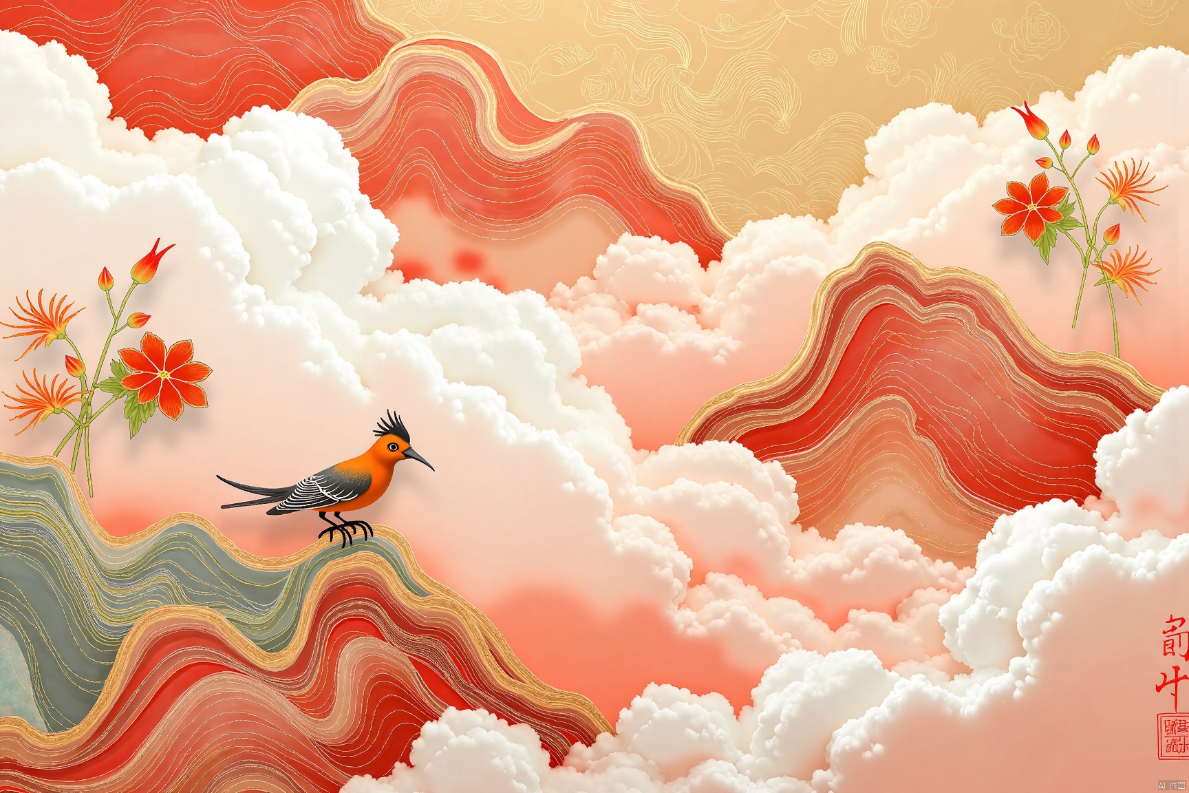 flower, cloud, no humans, bird,Chinese Style