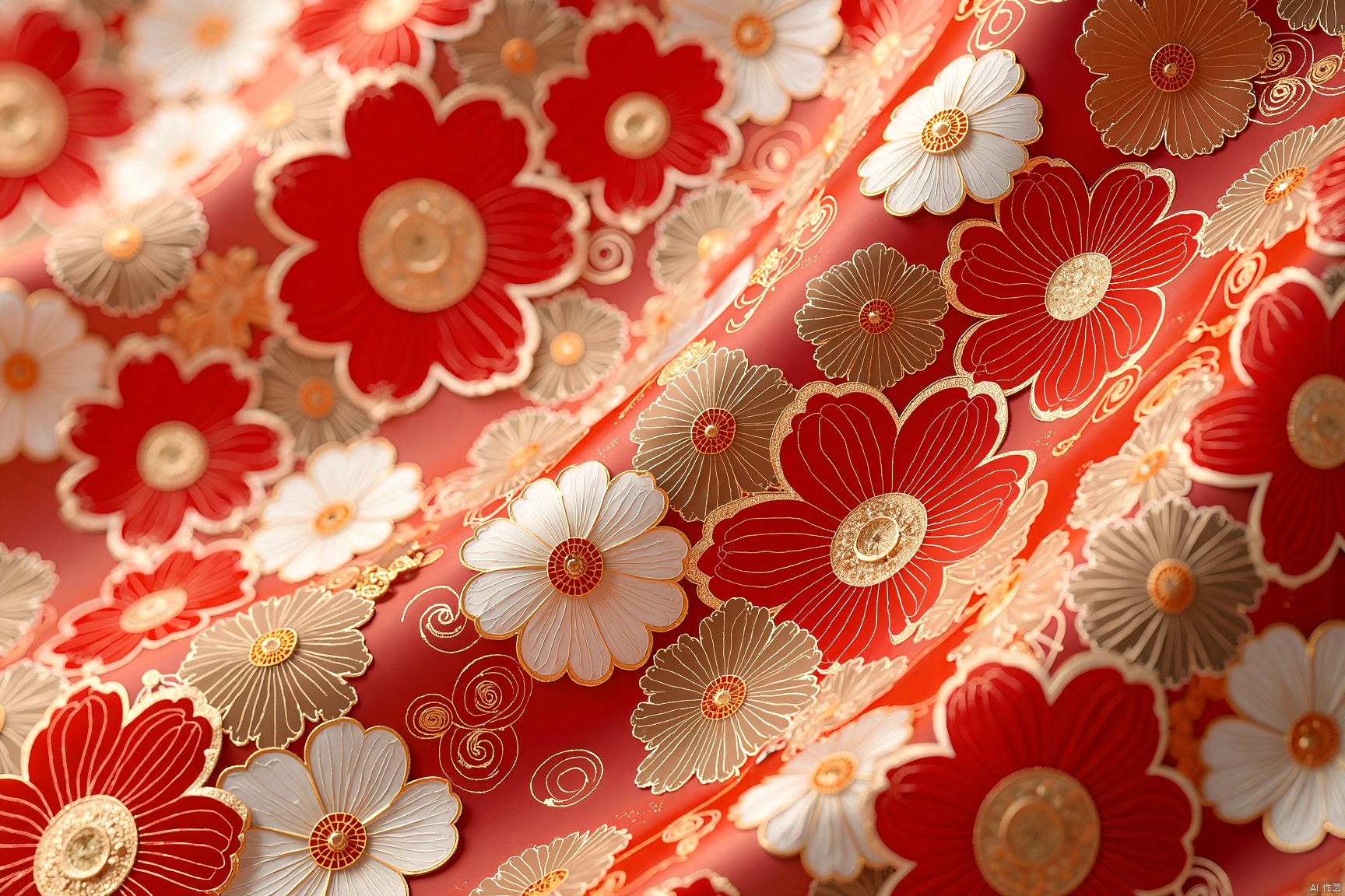 Chinese Style,a vibrant red and white floral pattern can be seen against a blurred backdrop. The pattern features a mix of red, white, and brown flowers with a gold center, adding a touch of contrast to the composition. The flowers are arranged in a way that creates a sense of depth and dimension. The background is blurred, adding depth to the overall composition.