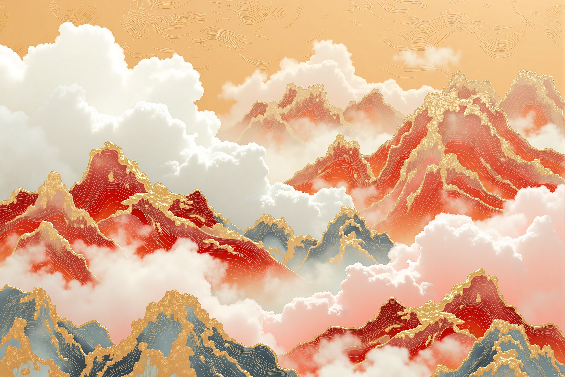 Chinese Style,a detailed detailed painting captures a stunning backdrop of mountains and clouds. The mountains are adorned with a variety of vibrant colors, including red, white, and blue, adding a touch of contrast to the overall composition. The clouds are wavy, adding texture and depth to the scene. The sky is a muted yellow, with a few wispy clouds in the air, adding depth and texture to the composition.