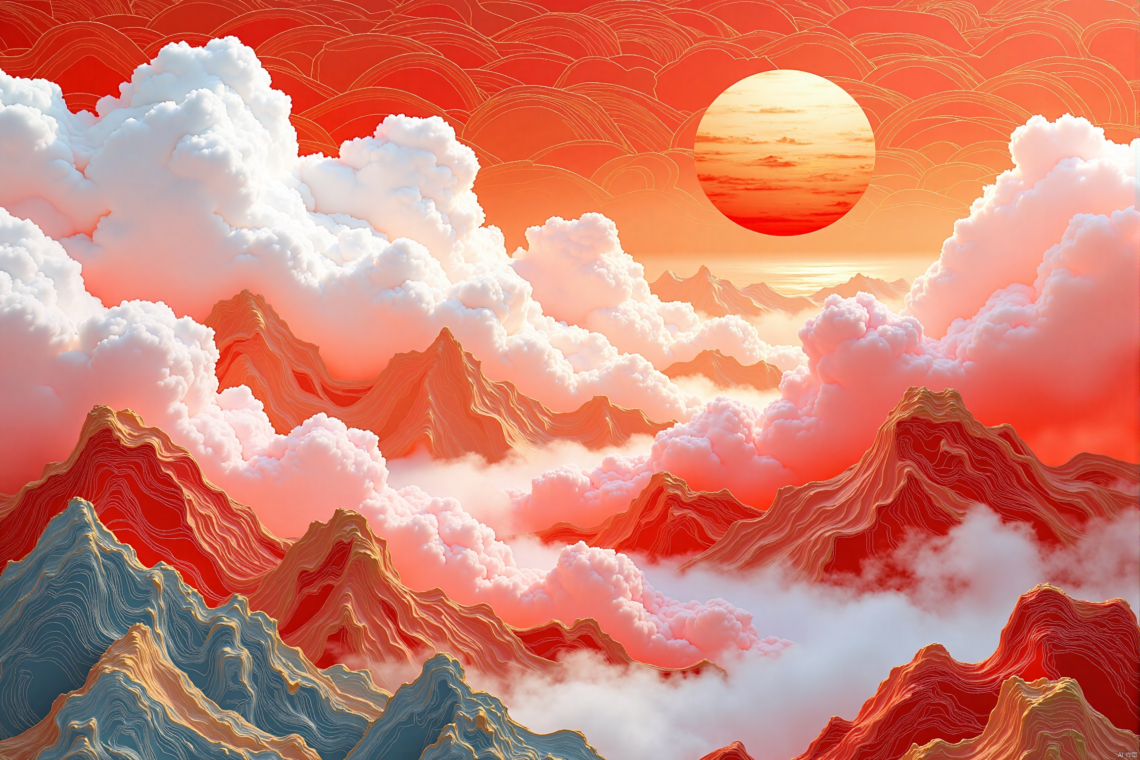 Chinese Style,Captured from a high-angle perspective on a vibrant day, the sky is filled with majestic clouds, adding a touch of contrast to the scene. The clouds are a mix of white, pink, and orange, creating a striking contrast against the red sky. The mountains in the foreground are covered in a layer of water, adding texture to the overall composition. The water in the bottom left corner of the frame is a deep blue, while the clouds in the upper right corner are a lighter shade of white. The sun is setting, adding depth to the image.