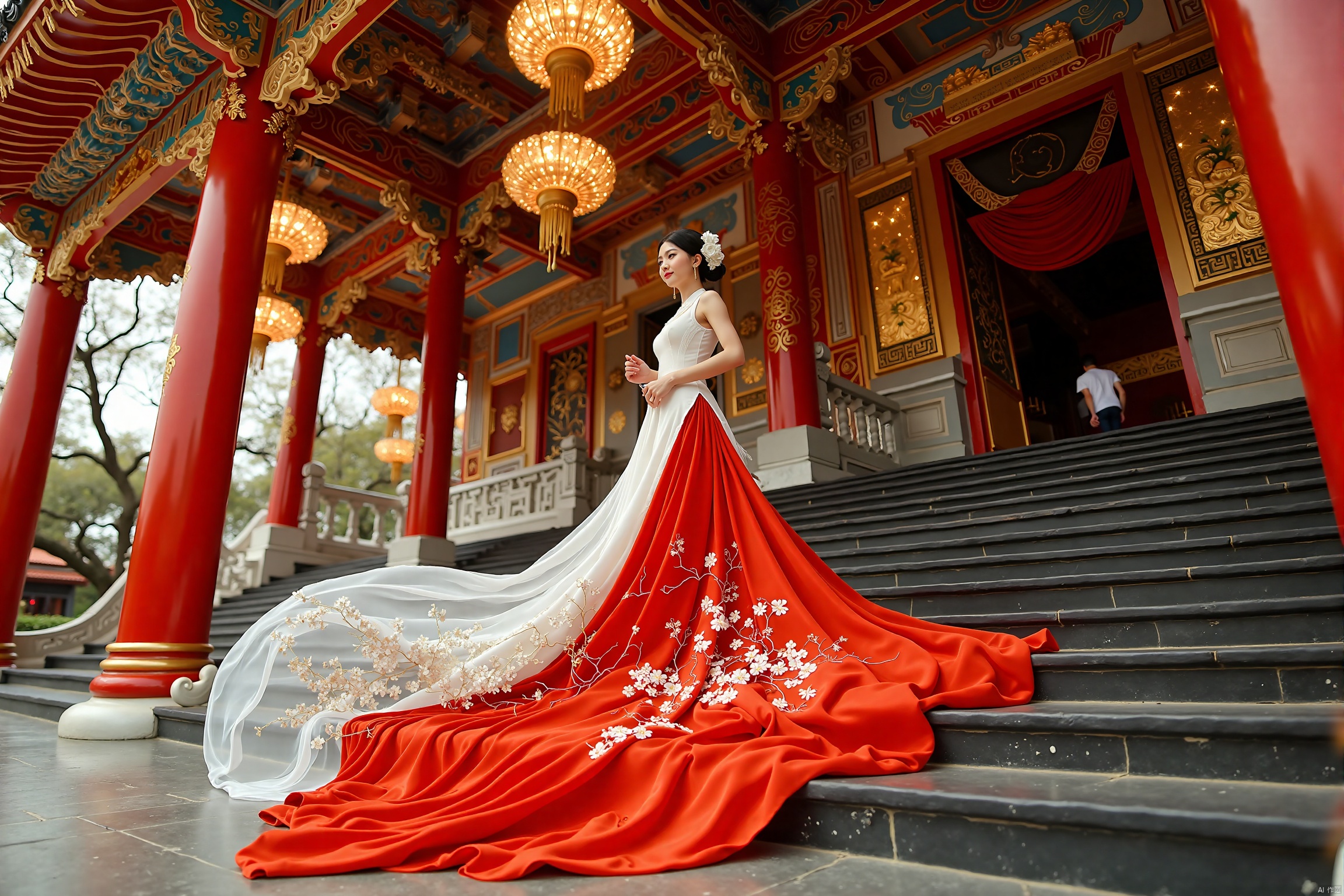 Chinese Style,a woman in a white dress, adorned with a long flowing red dress, is stunning in front of a temple. The woman's dress is adorned with white flowers, adding a touch of color to the scene. The temple's ceiling is adorned adorned with intricate carvings and chandeliers, adding depth to the composition. To the right of the woman, a set of black stairs lead up to the temple.