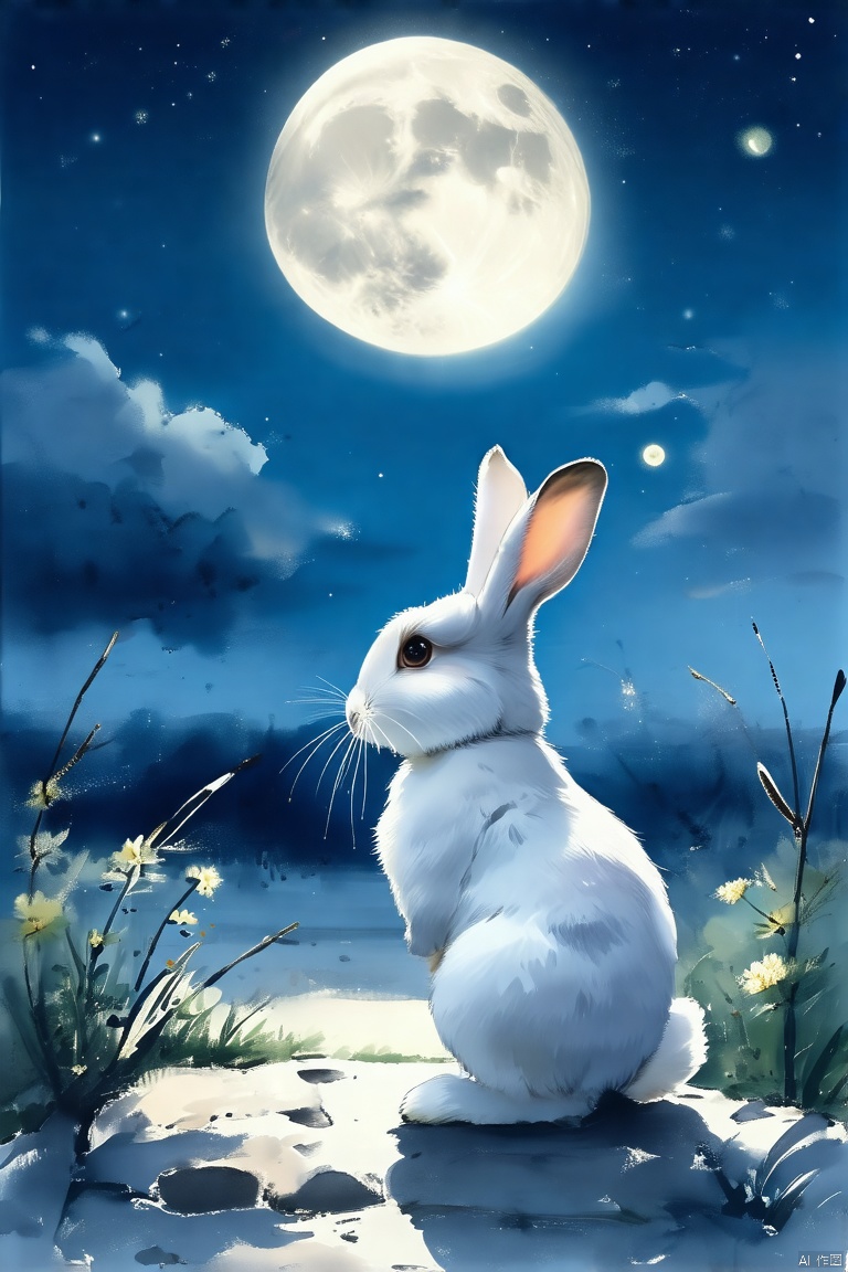 国风,bunny,简单背景,illustration,night,moon,毛绒绒,