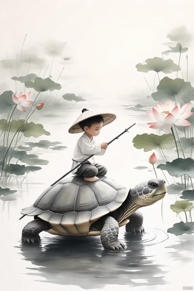国风,This is a Chinese brush painting style illustration of a young boy in traditional costume sitting on top of the head of a large turtle. The child holds a slender pole in his hand and is surrounded by a tranquil pond dotted with lotus and flowers. Gentle waves of water and soft pastel colors create a serene atmosphere. The child's conical hat shades them from the sun on what is a warm and calm day.
