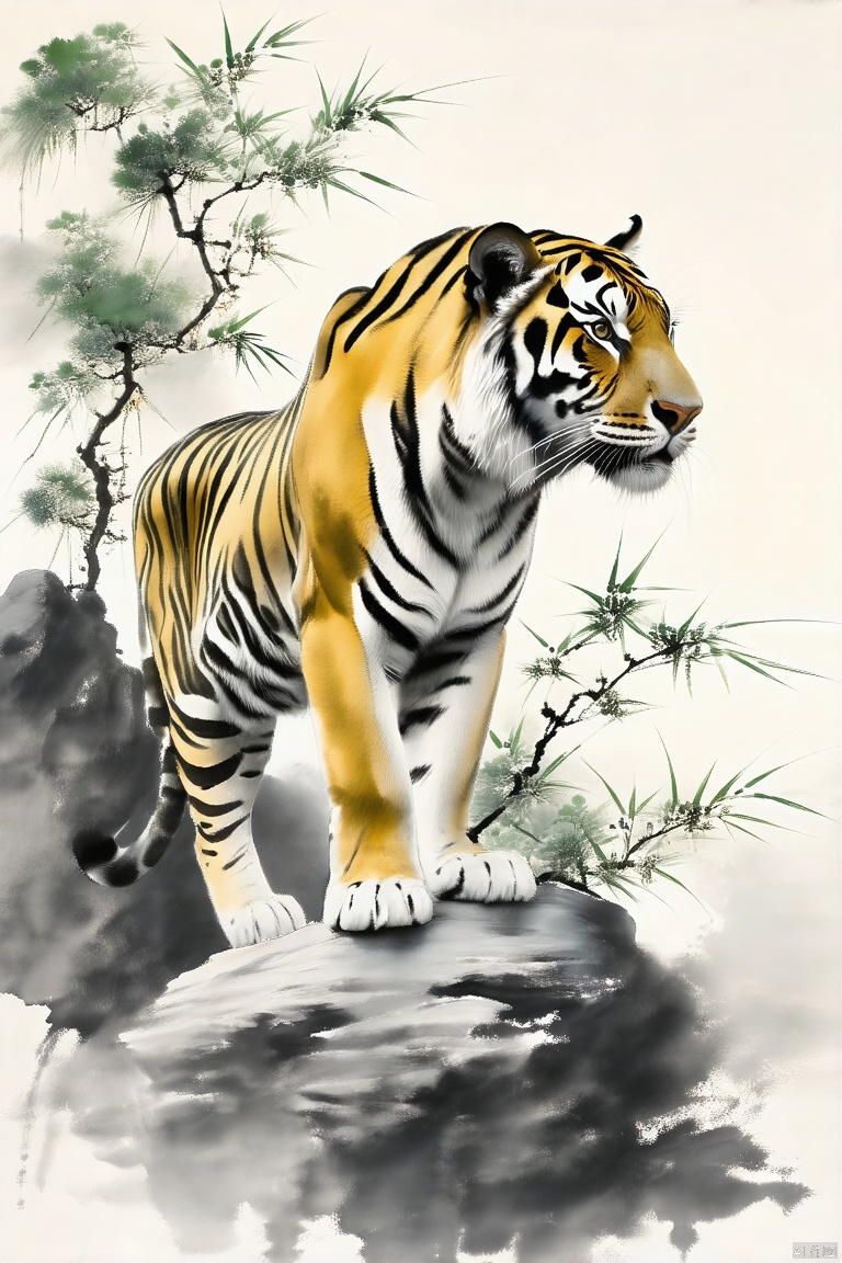 国风,tiger, brushstroke, traditional Chinese art, plants, rocks, standing pose, nature, brushstrokes, foliage, artistry, serenity, vertical composition, botanical elements, green and yellow tones, gray rocks, white background, elegance, oriental style
