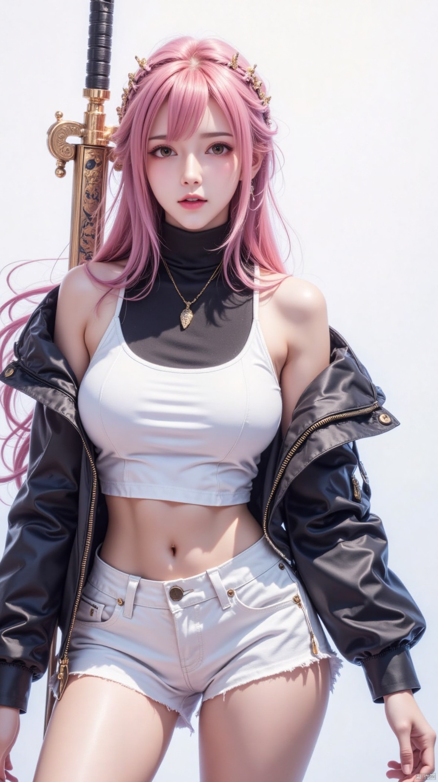 1girl, solo, long hair, breasts, looking at viewer, bangs, shirt, long sleeves, white background, navel, bare shoulders, jewelry, medium breasts, standing, jacket, full body, weapon, pink hair, braid, open clothes, shorts, sleeveless, midriff, sword, necklace, off shoulder, stomach, open jacket, lips, black jacket, crop top, short shorts, shadow, turtleneck, white shorts