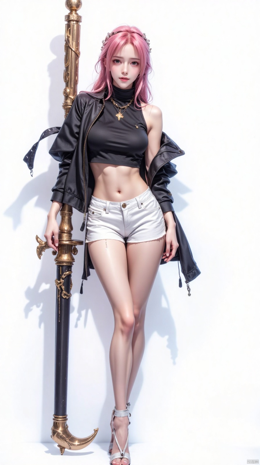 1girl, solo, long hair, breasts, looking at viewer, bangs, shirt, long sleeves, white background, navel, bare shoulders, jewelry, medium breasts, standing, jacket, full body, weapon, pink hair, braid, open clothes, shorts, sleeveless, midriff, sword, necklace, off shoulder, stomach, open jacket, lips, black jacket, crop top, short shorts, shadow, turtleneck, white shorts