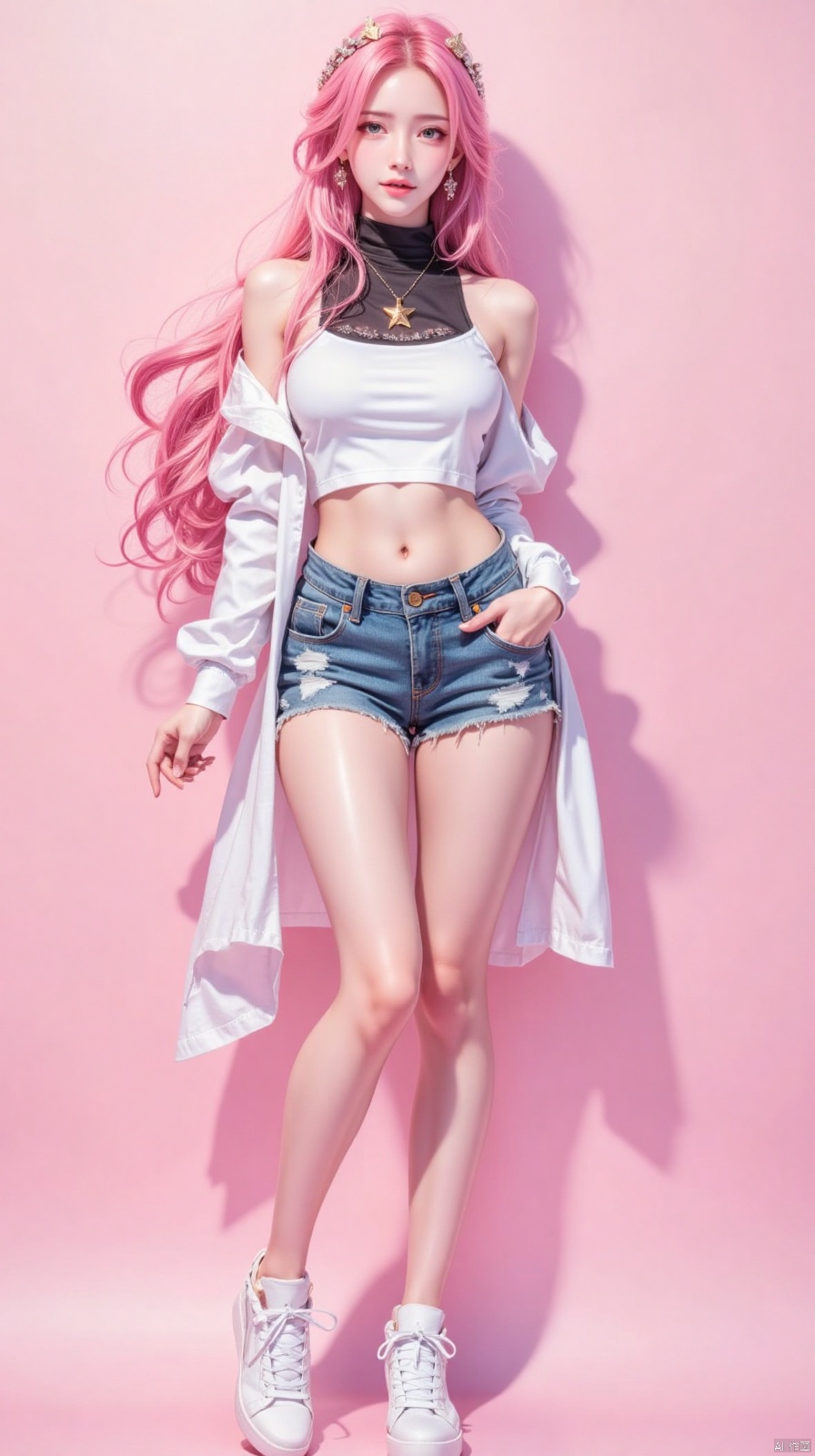 1girl, solo, long hair, breasts, looking at viewer, blue eyes, large breasts, shirt, long sleeves, navel, bare shoulders, jewelry, very long hair, standing, full body, white shirt, pink hair, earrings, shoes, shorts, midriff, pink eyes, necklace, off shoulder, star \(symbol\), lips, crop top, short shorts, clothing cutout, bare legs, shadow, turtleneck, wavy hair, pink background, white footwear, denim, sneakers, denim shorts, shoulder cutout, cutoffs