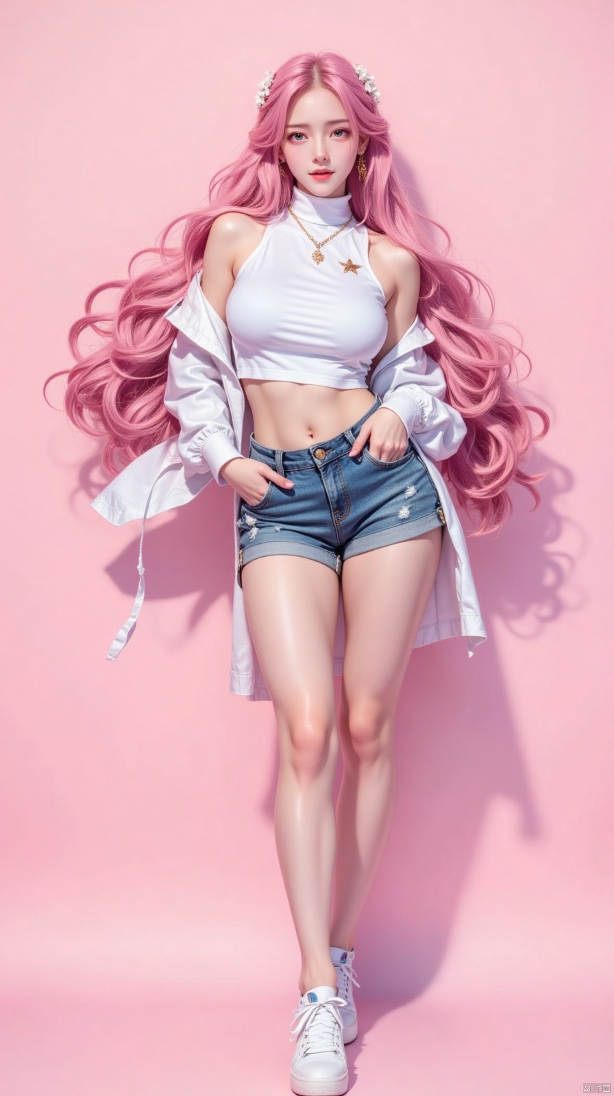 1girl, solo, long hair, breasts, looking at viewer, blue eyes, large breasts, shirt, long sleeves, navel, bare shoulders, jewelry, very long hair, standing, full body, white shirt, pink hair, earrings, shoes, shorts, midriff, pink eyes, necklace, off shoulder, star \(symbol\), lips, crop top, short shorts, clothing cutout, bare legs, shadow, turtleneck, wavy hair, pink background, white footwear, denim, sneakers, denim shorts, shoulder cutout, cutoffs