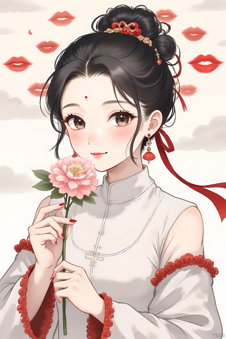 guohuaf,Illustration,1girl,flower,solo,earrings,jewelry,black hair,holding,holding flower,mole,ribbon,forehead mark,looking at viewer,hair ribbon,pink flower,upper body,red nails,facial mark,hair bun,looking cloud back,red ribbon,simple cloud background,various red lips background,red lips,Chinese floating colors,