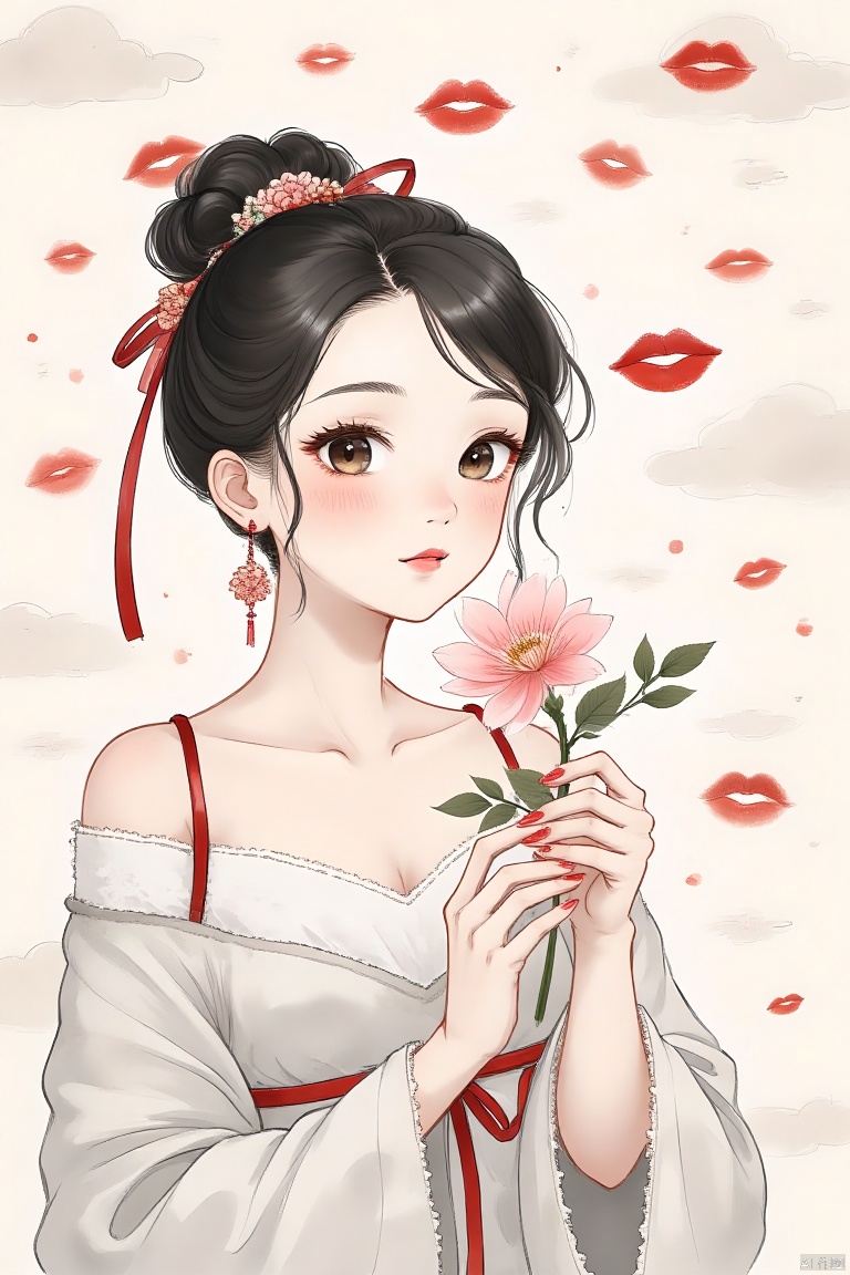 guohuaf,Illustration,1girl,flower,solo,earrings,jewelry,black hair,holding,holding flower,mole,ribbon,forehead mark,looking at viewer,hair ribbon,pink flower,upper body,red nails,facial mark,hair bun,looking cloud back,red ribbon,simple cloud background,various red lips background,red lips,Chinese floating colors,