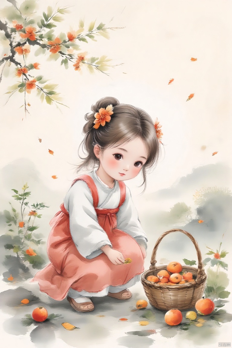 guohuaf,ink style,watercolor,ourneneoof,illustration,asian style,little girl,persimmon,traditional dress,basket,picking fruit,light brown hair,orange flower hair accessory,scarlet cheeks,crouching,outdoor scene,fall,hd image,cultural imagery,serenity,childlike,beige background,