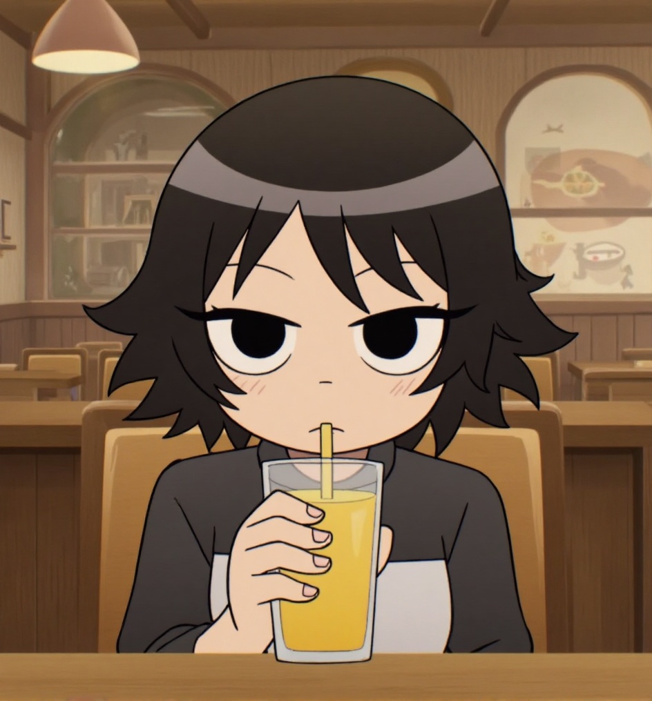a girl drinking juice in a restaurant,  Scoot_pilgrim_style on Tensor.Art
