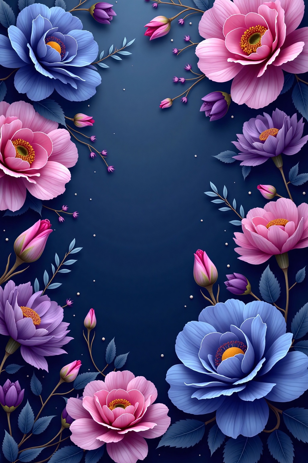 flowers_background,  Give a wallpaper paper includes dark purple and navy blue with aesthetic flowers on Tensor.Art