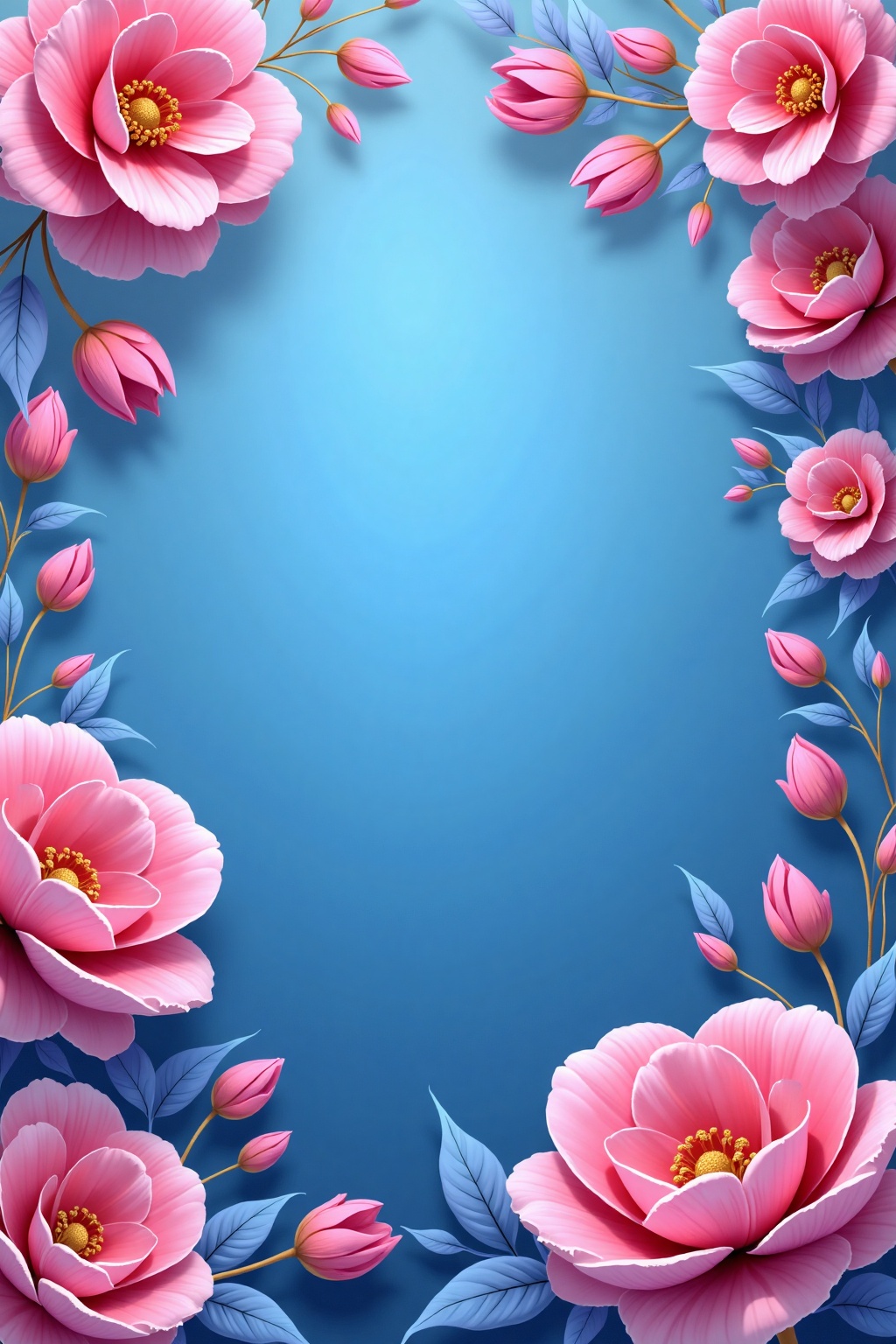 flowers_background,  Blue background with flowers on the edges in pink but with some shades going from dark to light diago...