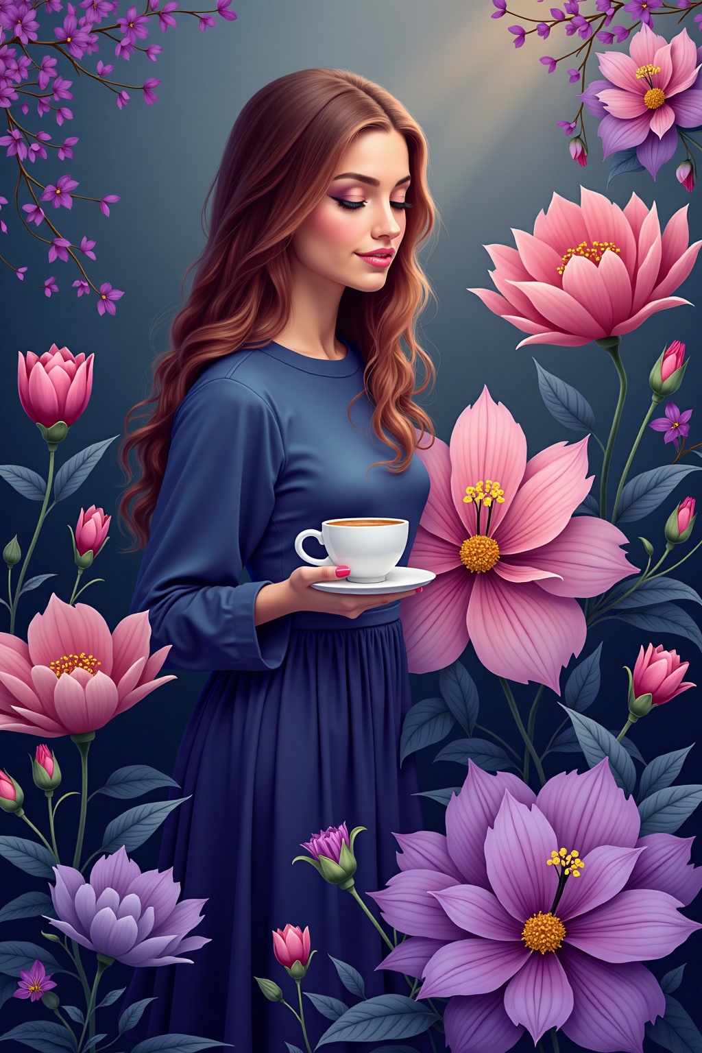 flowers_background,  a beautiful woman standing while holding cup of coffee,  a wallpaper paper includes dark purple and n...