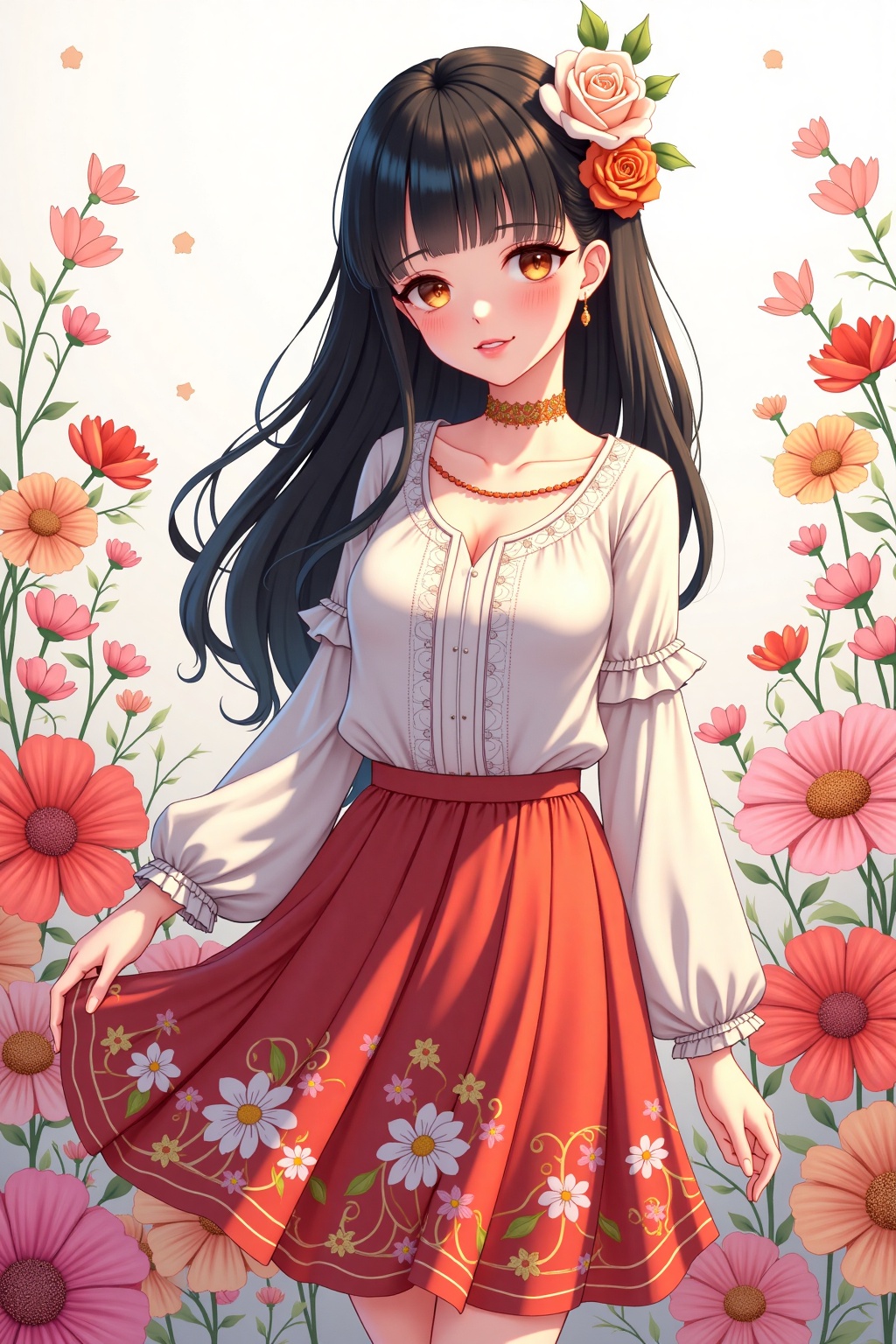 flowers_background,  1girl,  black hair on Tensor.Art
