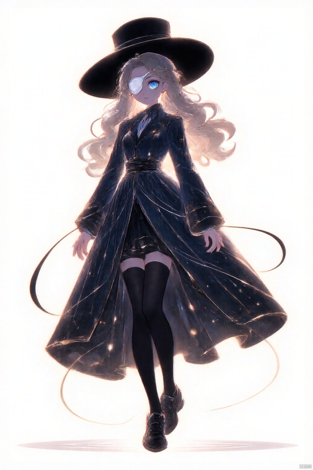 blonde girl with blue eyes. She wears a white eye patch and a black hat.. She wears a dark blue overcoat and black stockings and black shoes.. She is sarcastic.  She has very long hair.  anime.