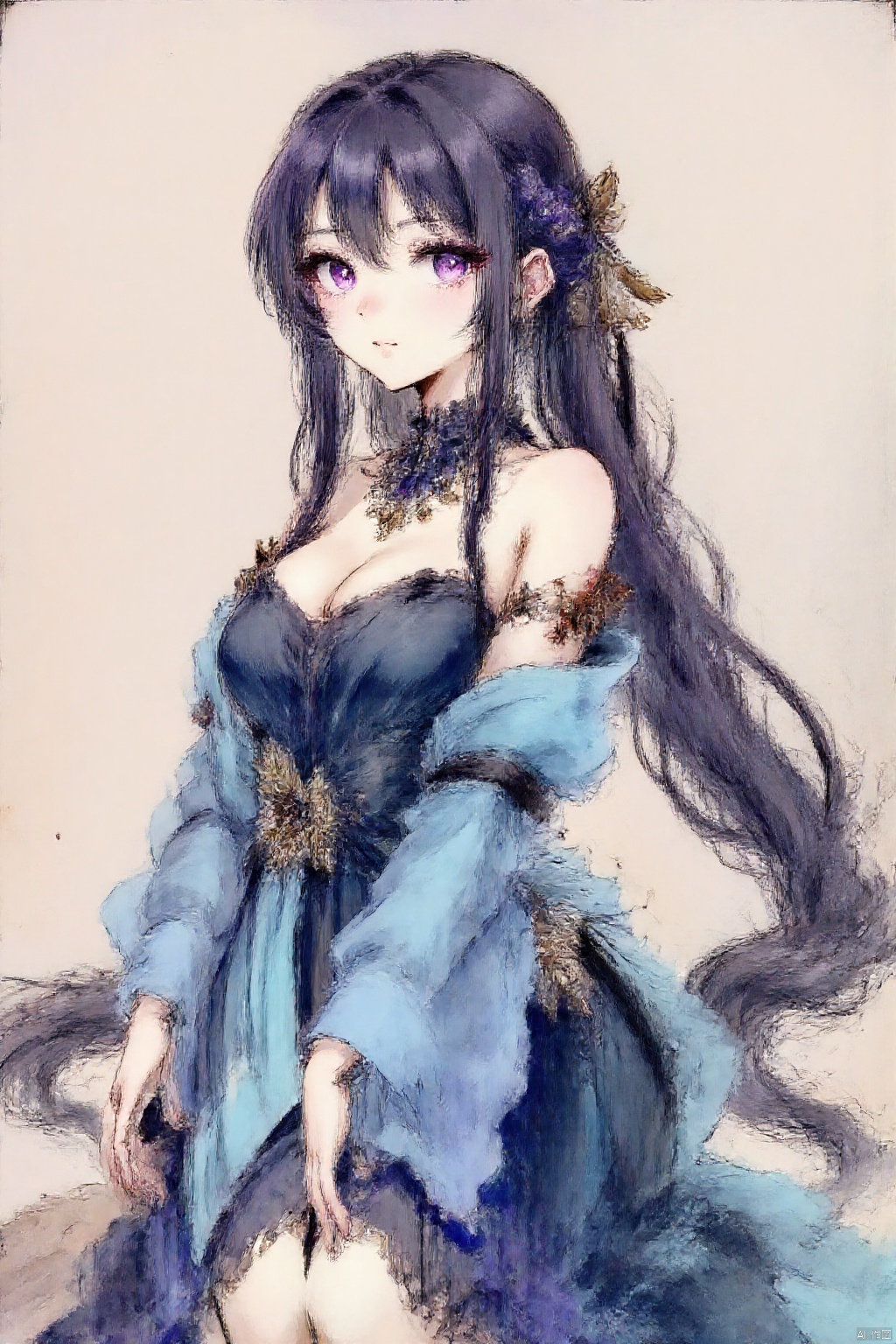 off shoulder dress,masterpiece, best quality, high resolution, 1 girl, Super high resolution, alone, stockings, purple eyes, , long hair, Bangs,necklace
