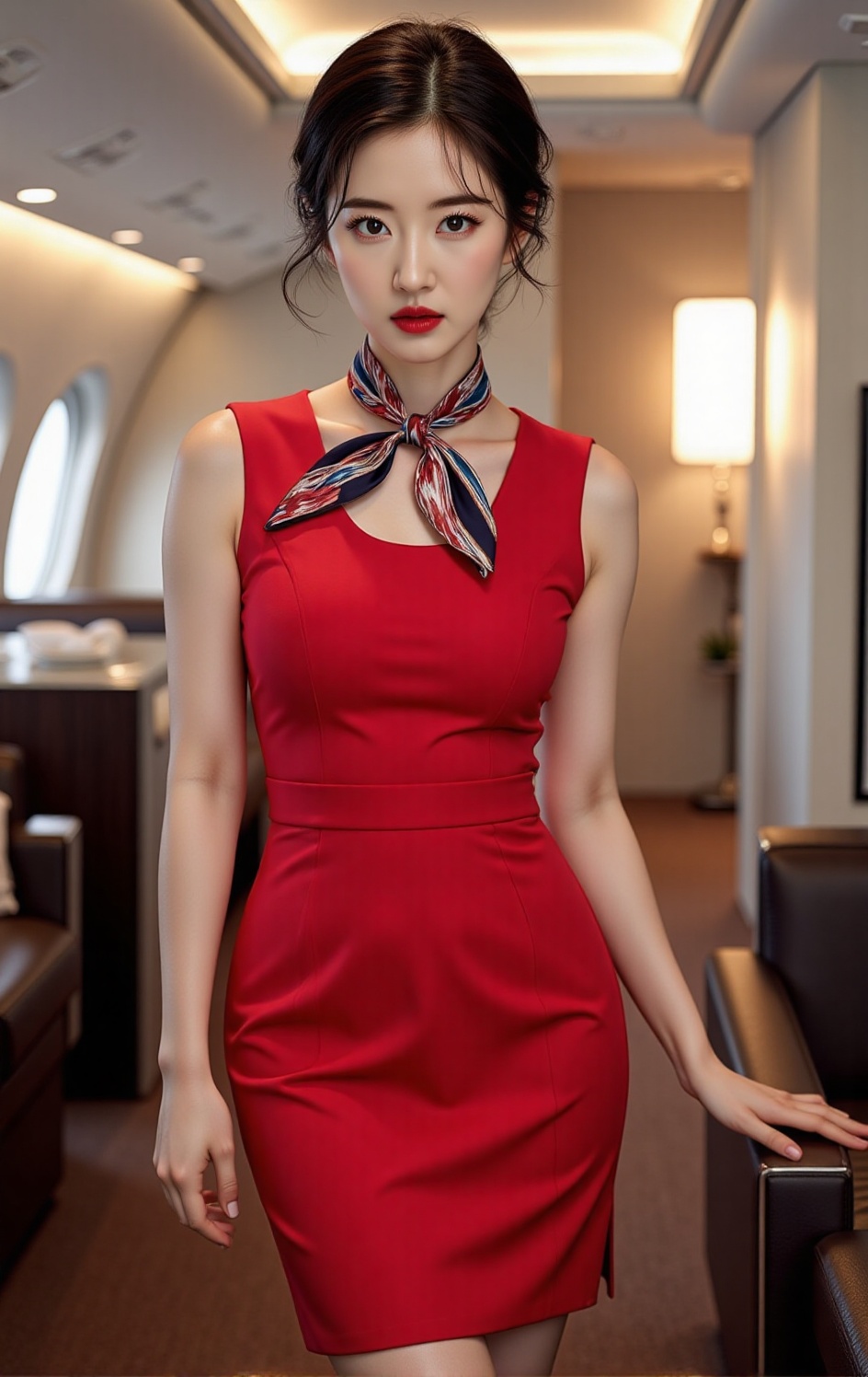 A Stunning virtual models dressed as flight attendants are photographed from head to thigh. She wore a stylish waiter unif...