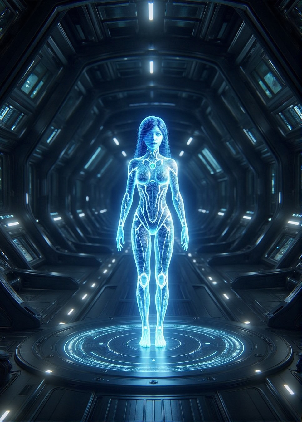 In a vast,  darkened chamber aboard a colossal starship,  Cortana emerges as a vivid holographic figure on Tensor.Art