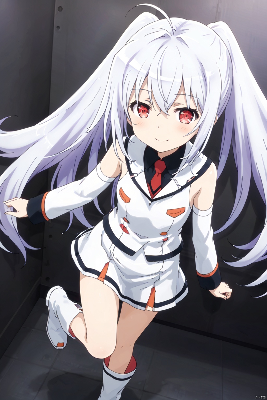 1girl ﻿ ,solo, ﻿ long hair ﻿ ,red eyes ﻿, twintails ﻿ ,ahoge, ﻿ white hair ,white﻿ boots ﻿ ,detached sleeves, ﻿ necktie ﻿ uniform,masterpiece,best quality,official art,extremely detailed CG unity 8k wallpaper, One leg up, one leg downSideways,(smile:1.4),(blush:1.4),standing,open the mouth,gape