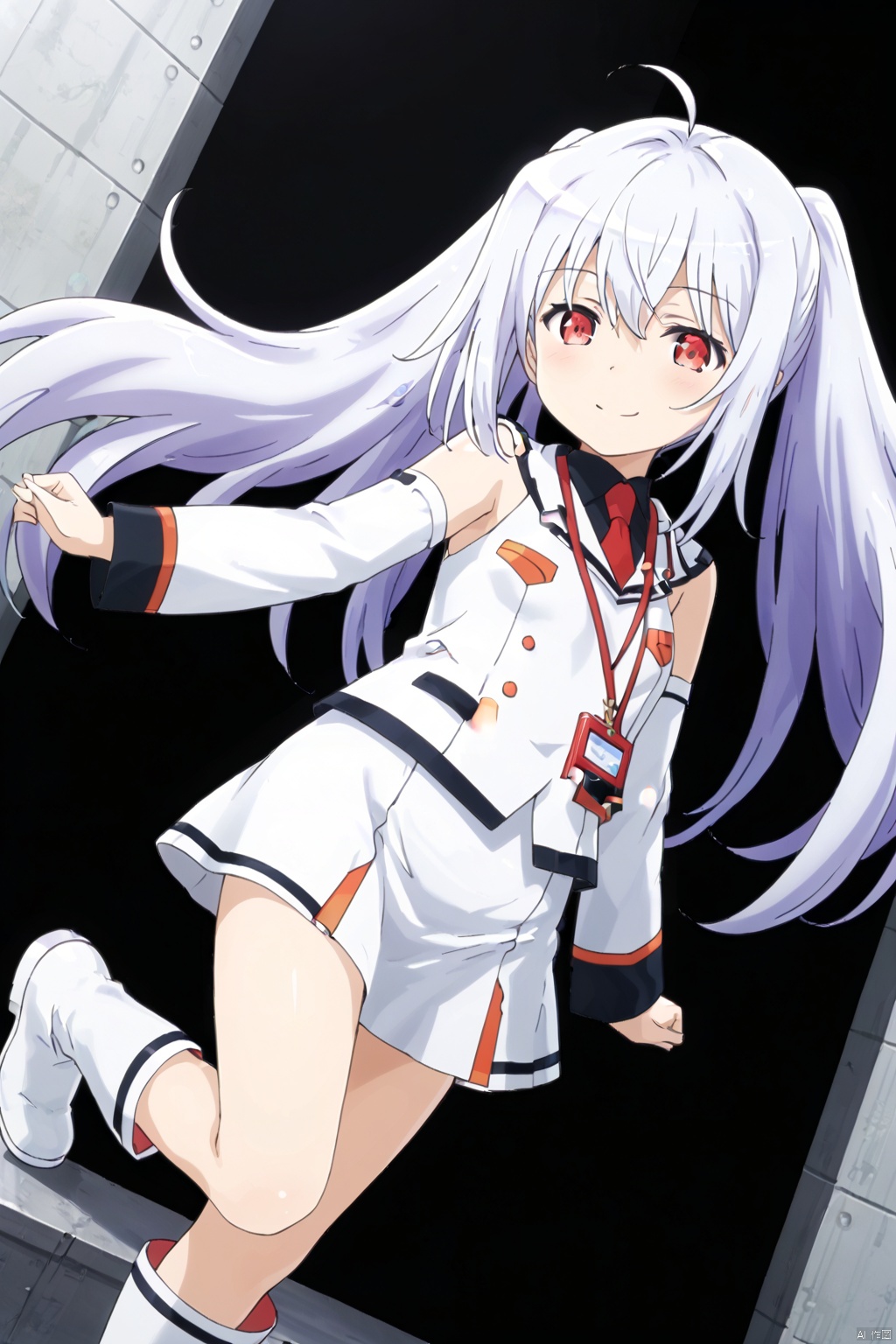 1girl ﻿ ,solo, ﻿ long hair ﻿ ,red eyes ﻿, twintails ﻿ ,ahoge, ﻿ white hair ,white﻿ boots ﻿ ,detached sleeves, ﻿ necktie ﻿ uniform,masterpiece,best quality,official art,extremely detailed CG unity 8k wallpaper, One leg up, one leg downSideways,(smile:1.4),(blush:1.4),standing,open the mouth,gape,from below