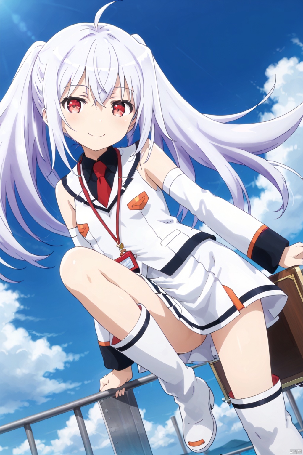1girl ﻿ ,solo, ﻿ long hair ﻿ ,red eyes ﻿, twintails ﻿ ,ahoge, ﻿ white hair ,white﻿ boots ﻿ ,detached sleeves, ﻿ necktie ﻿ uniform,masterpiece,best quality,official art,extremely detailed CG unity 8k wallpaper, One leg up, one leg downSideways,(smile:1.4),(blush:1.4),standing,open the mouth,gape,from below