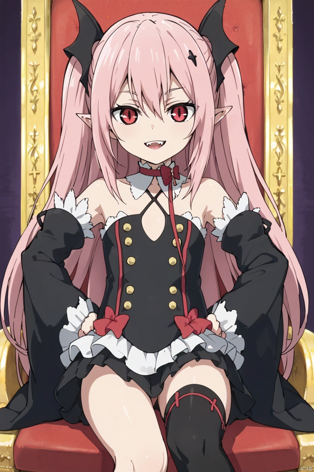 1girl ,solo, long hair ,looking at viewer, smile ,,proud,, red eyes, thighhighs ,dress bare ,shoulders ,pink hair, detached sleeves ,pointy ears ,flat chest ,two side, hands on hips ,vampire,krul tepes,vampire's teeth,slim,thin legs,slender legs, slim,sitting on the throne,cross-legged