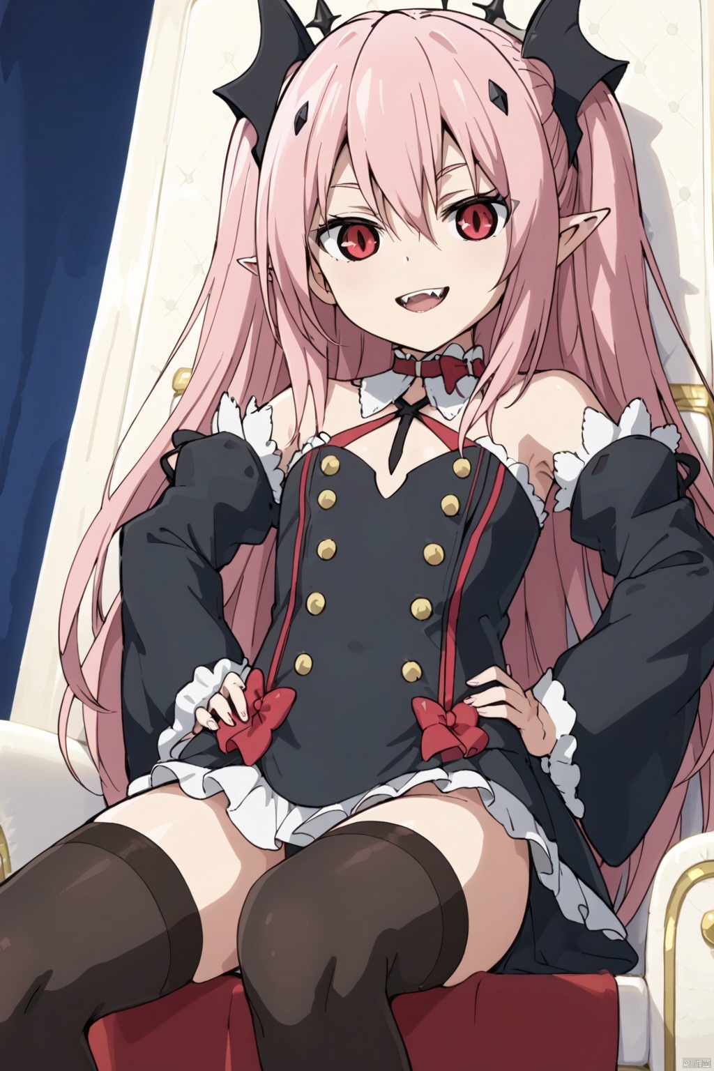 1girl ,solo, long hair ,looking at viewer, smile ,,proud,, red eyes, thighhighs ,dress bare ,shoulders ,pink hair, detached sleeves ,pointy ears ,flat chest ,two side, hands on hips ,vampire,krul tepes,vampire's teeth,slim,thin legs,slender legs, slim,sitting on the throne,cross-legged, from below