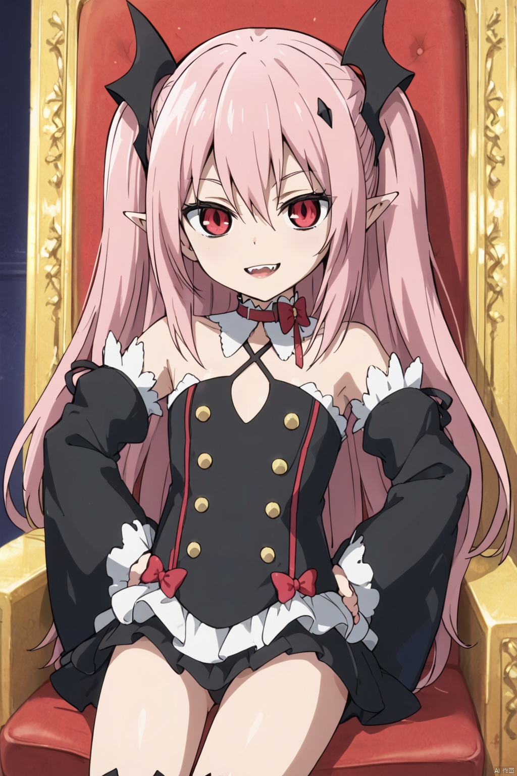 1girl ,solo, long hair ,looking at viewer, smile ,,proud,, red eyes, thighhighs ,dress bare ,shoulders ,pink hair, detached sleeves ,pointy ears ,flat chest ,two side, hands on hips ,vampire,krul tepes,vampire's teeth,slim,thin legs,slender legs, slim,sitting on the throne,cross-legged
