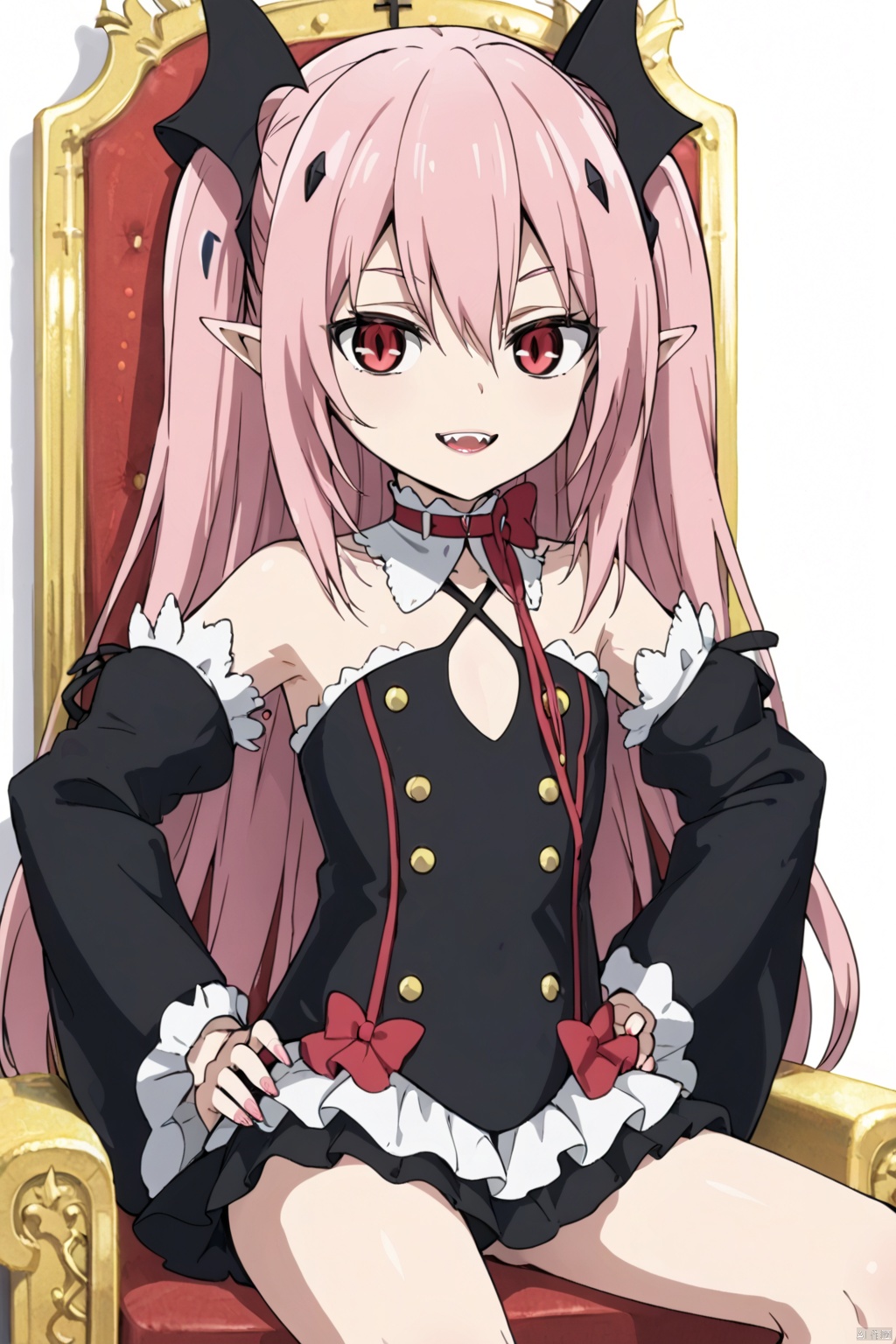 1girl ,solo, long hair ,looking at viewer, smile ,,proud,, red eyes, thighhighs ,dress bare ,shoulders ,pink hair, detached sleeves ,pointy ears ,flat chest ,two side, hands on hips ,vampire,krul tepes,vampire's teeth,slim,thin legs,slender legs, slim,sitting on the throne,cross-legged