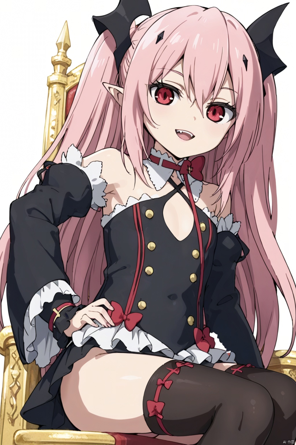 1girl ,solo, long hair ,looking at viewer, smile ,,proud,, red eyes, thighhighs ,dress bare ,shoulders ,pink hair, detached sleeves ,pointy ears ,flat chest ,two side, hands on hips ,vampire,krul tepes,vampire's teeth,slim,thin legs,slender legs, slim,sitting on the throne,cross-legged, from below