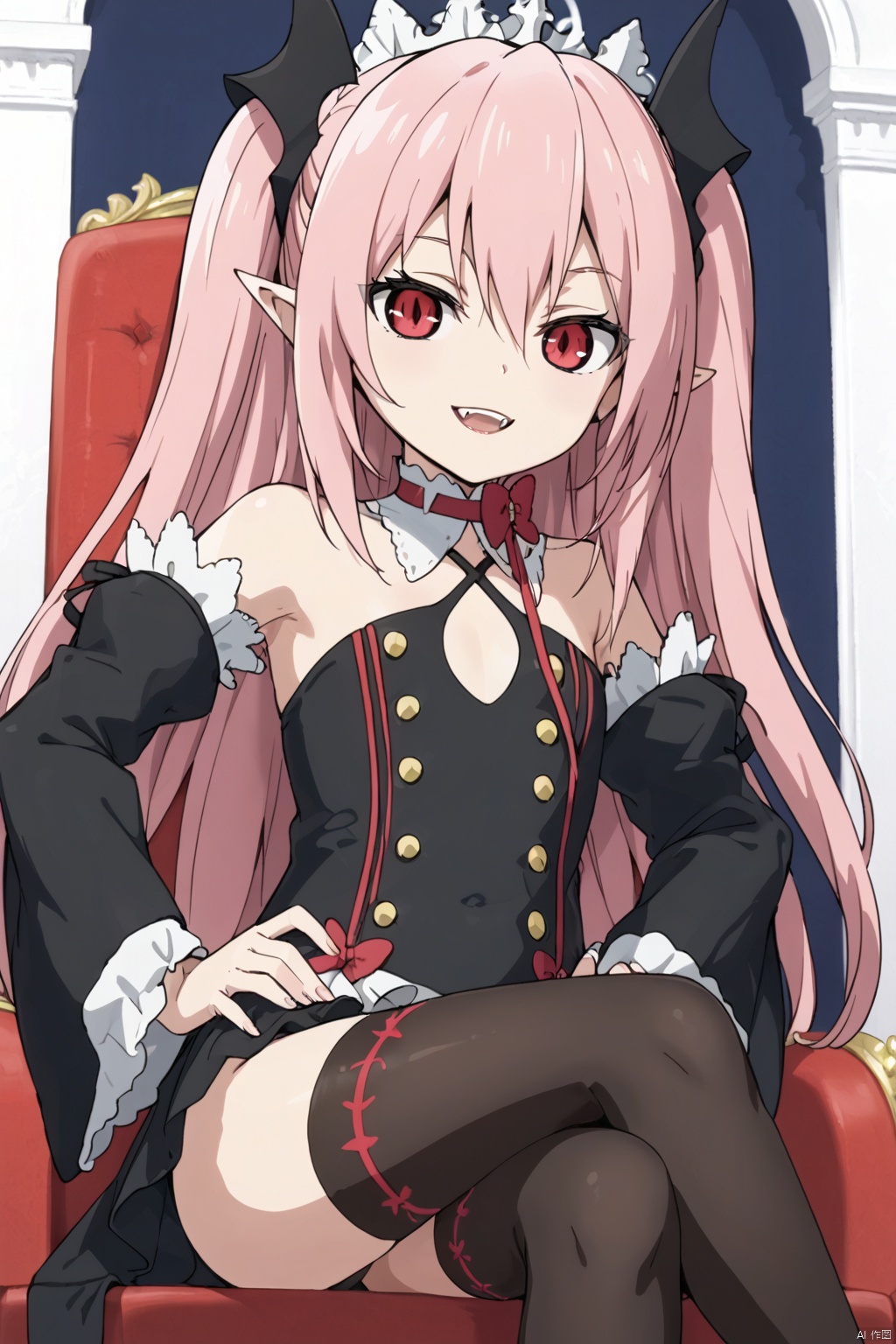 1girl ,solo, long hair ,looking at viewer, smile ,,proud,, red eyes, thighhighs ,dress bare ,shoulders ,pink hair, detached sleeves ,pointy ears ,flat chest ,two side, hands on hips ,vampire,krul tepes,vampire's teeth,slim,thin legs,slender legs, slim,sitting on the throne,cross-legged, from below