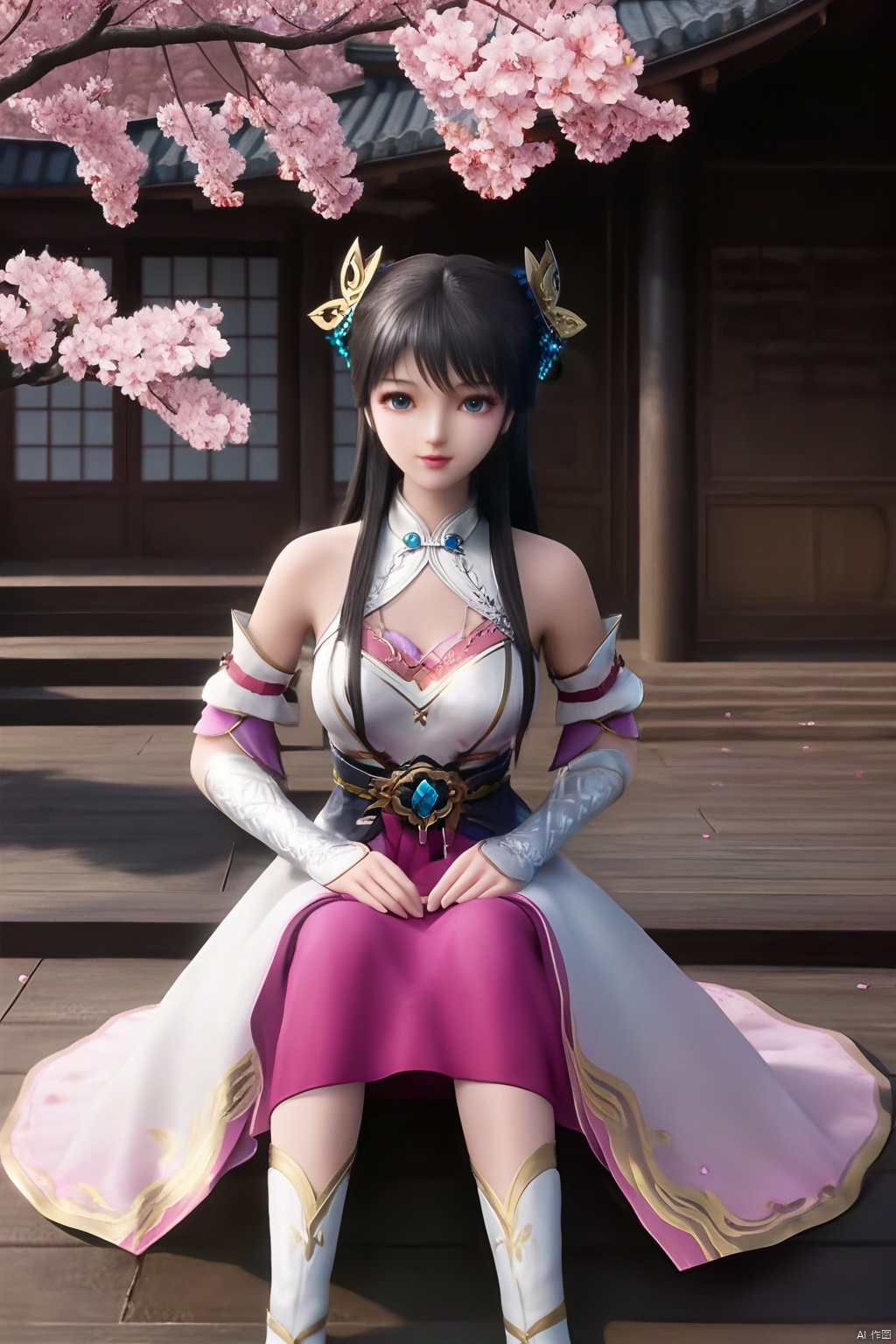 masterpiece, best quality, masterpiece,best quality,official art,extremely detailed CG unity 8k wallpaper,1girl,solo,long hair,breasts,looking at viewer,blue eyes,black hair,hair ornament,dress,detached sleeves,Cherry Blossoms,white footwear,sitting