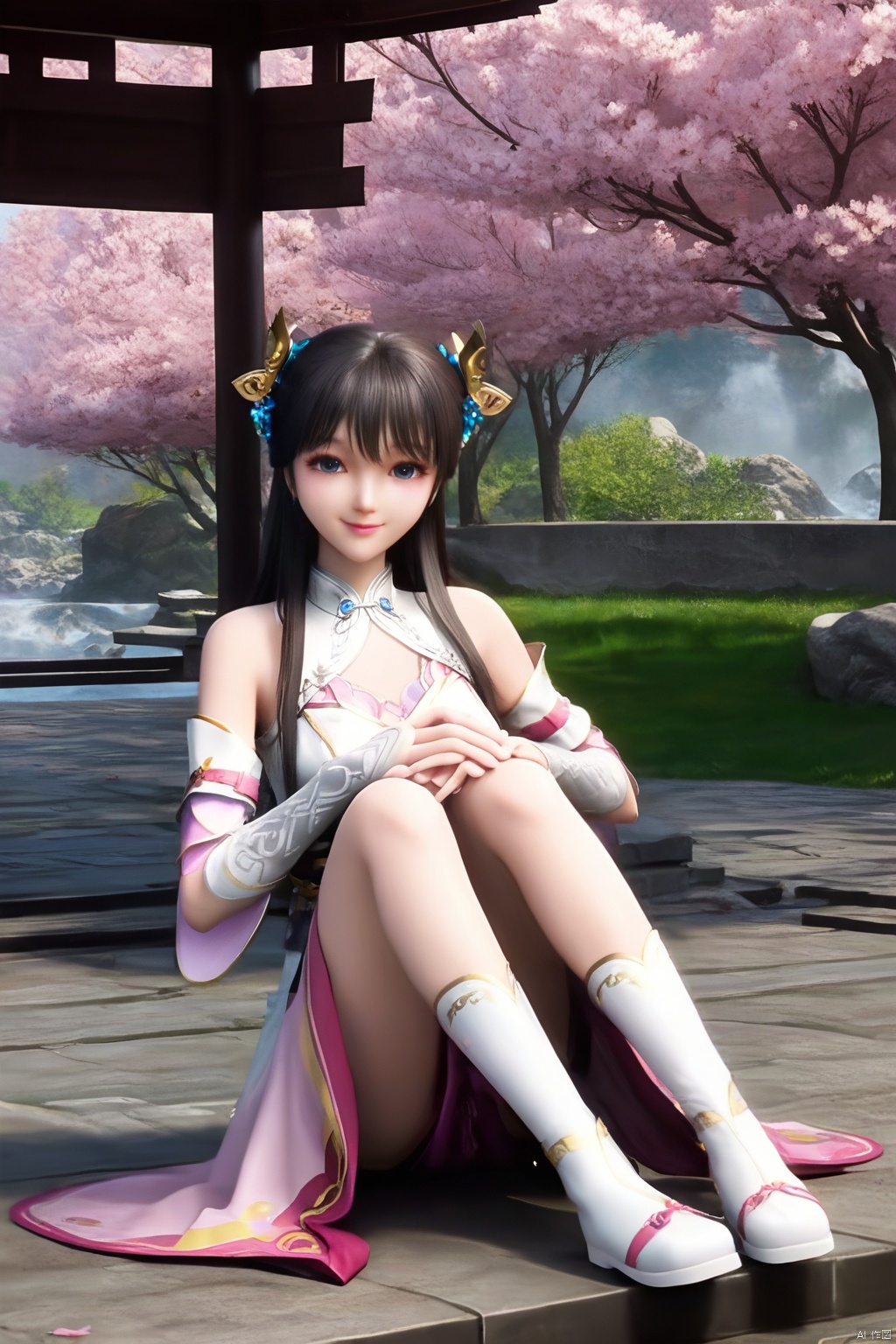 masterpiece, best quality, masterpiece,best quality,official art,extremely detailed CG unity 8k wallpaper,1girl,solo,long hair,breasts,looking at viewer,bangs,blue eyes,black hair,hair ornament,dress,detached sleeves,Cherry Blossoms,white footwear,happy,closed mouth,sitting