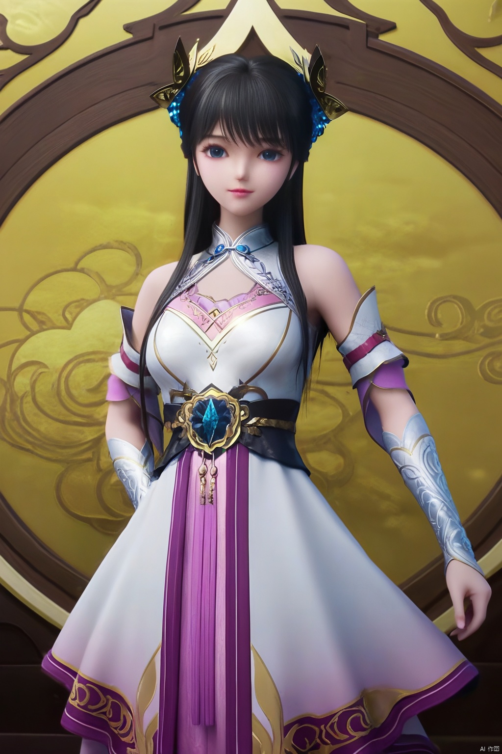 masterpiece, best quality, masterpiece,best quality,official art,extremely detailed CG unity 8k wallpaper,1girl,solo,long hair,breasts,looking at viewer,bangs,blue eyes,black hair,hair ornament,dress,detached sleeves,